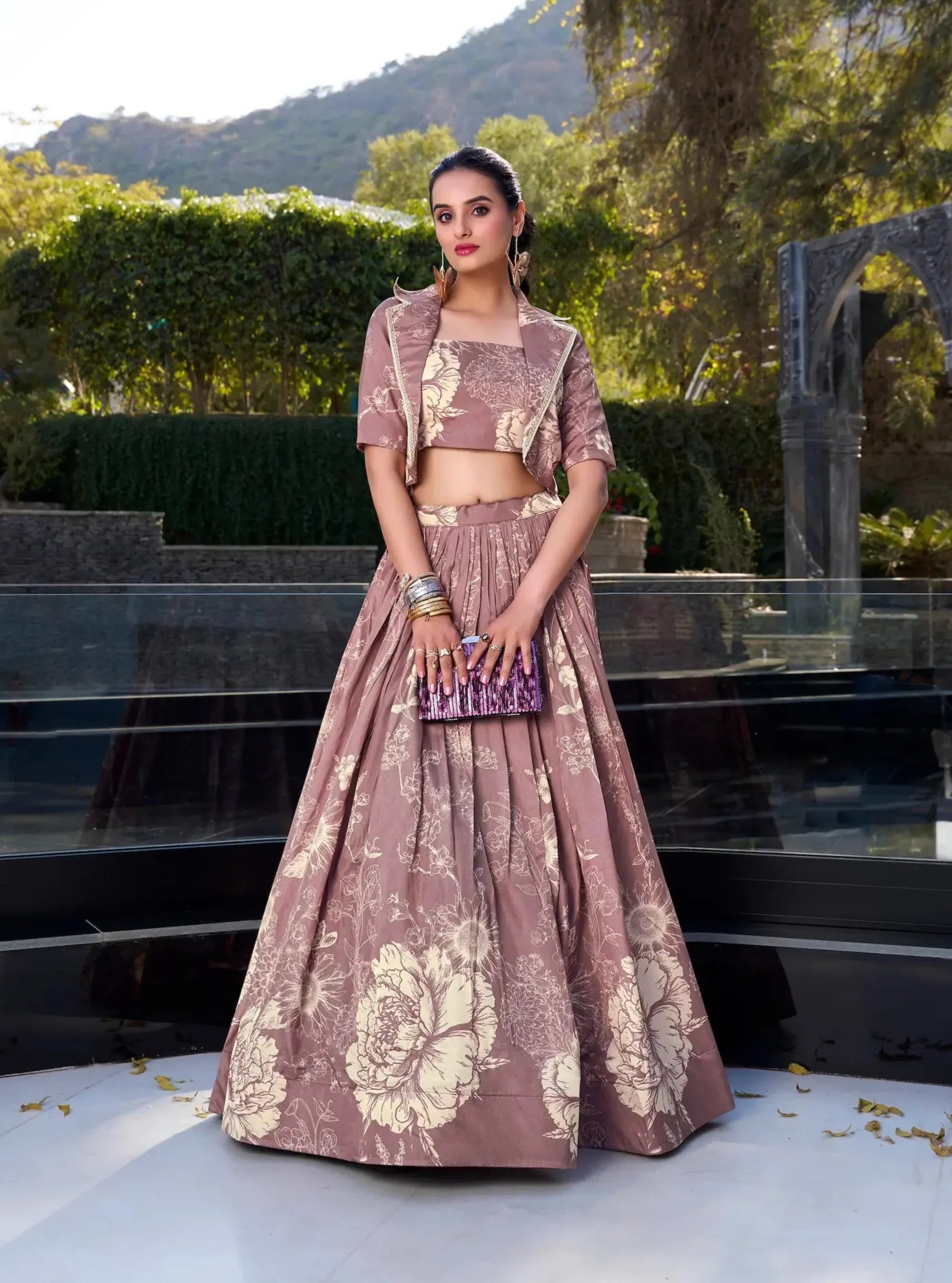 Onion Pink Tussar Silk Floral Printed Indo Western Set - qivii