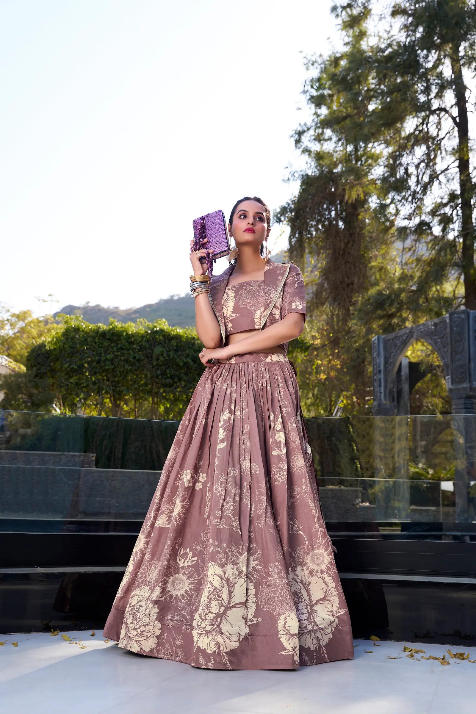 Onion Pink Tussar Silk Floral Printed Indo Western Set