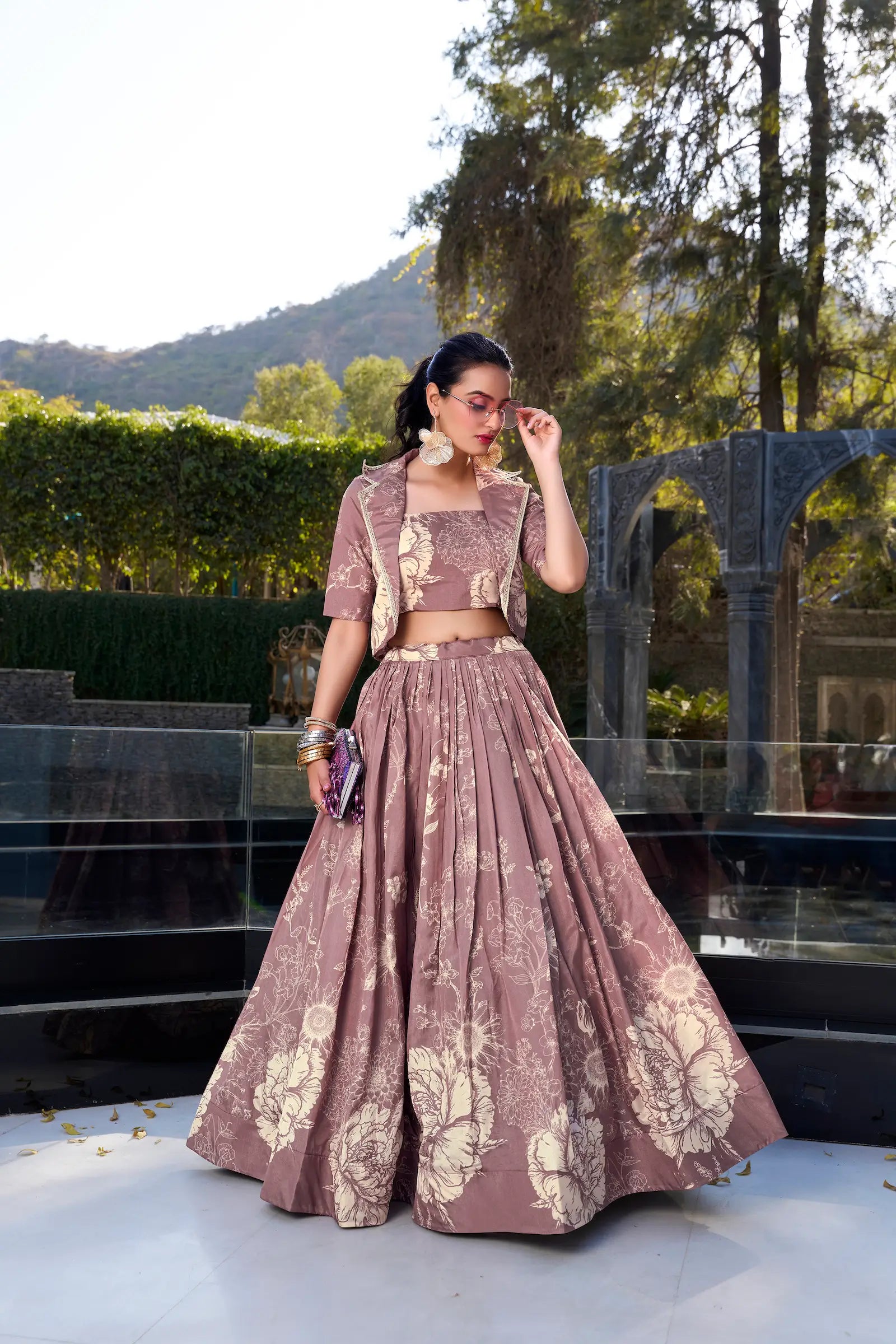 Onion Pink Tussar Silk Floral Printed Indo Western Set