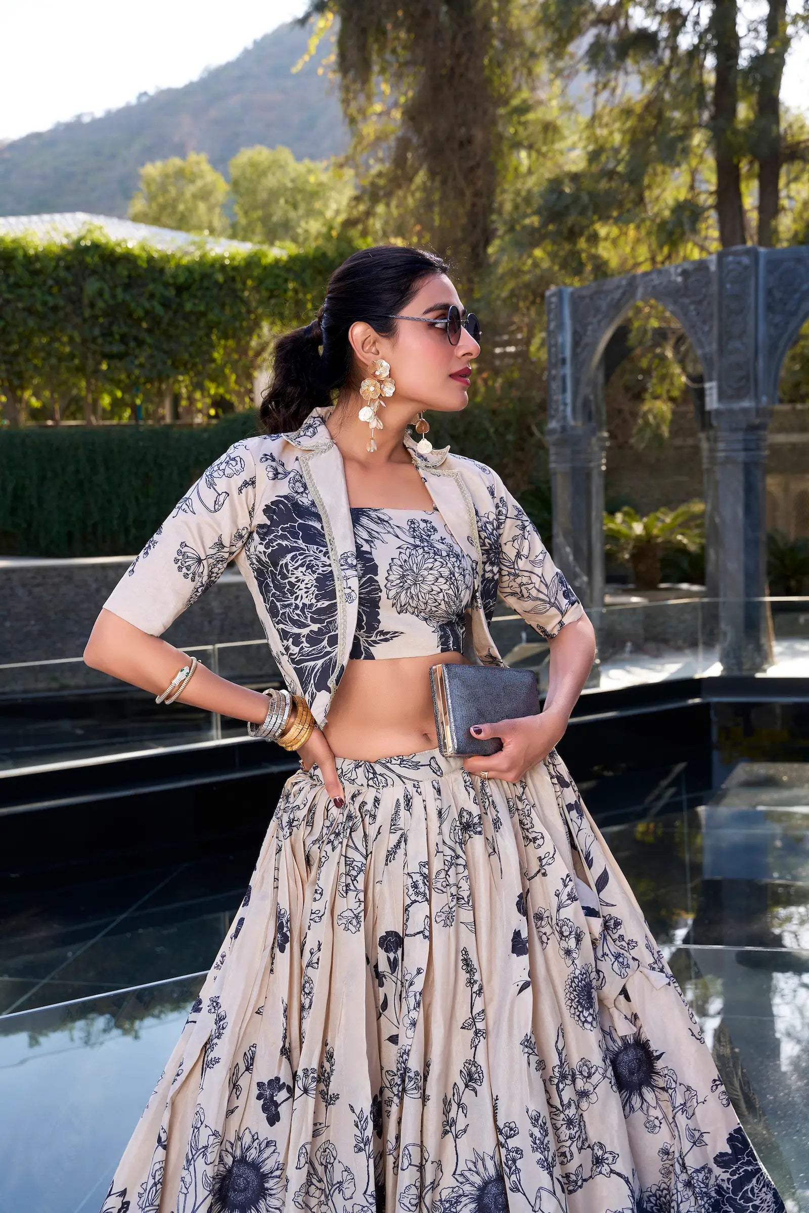 Beige Tussar Silk Floral Printed Indo Western Set