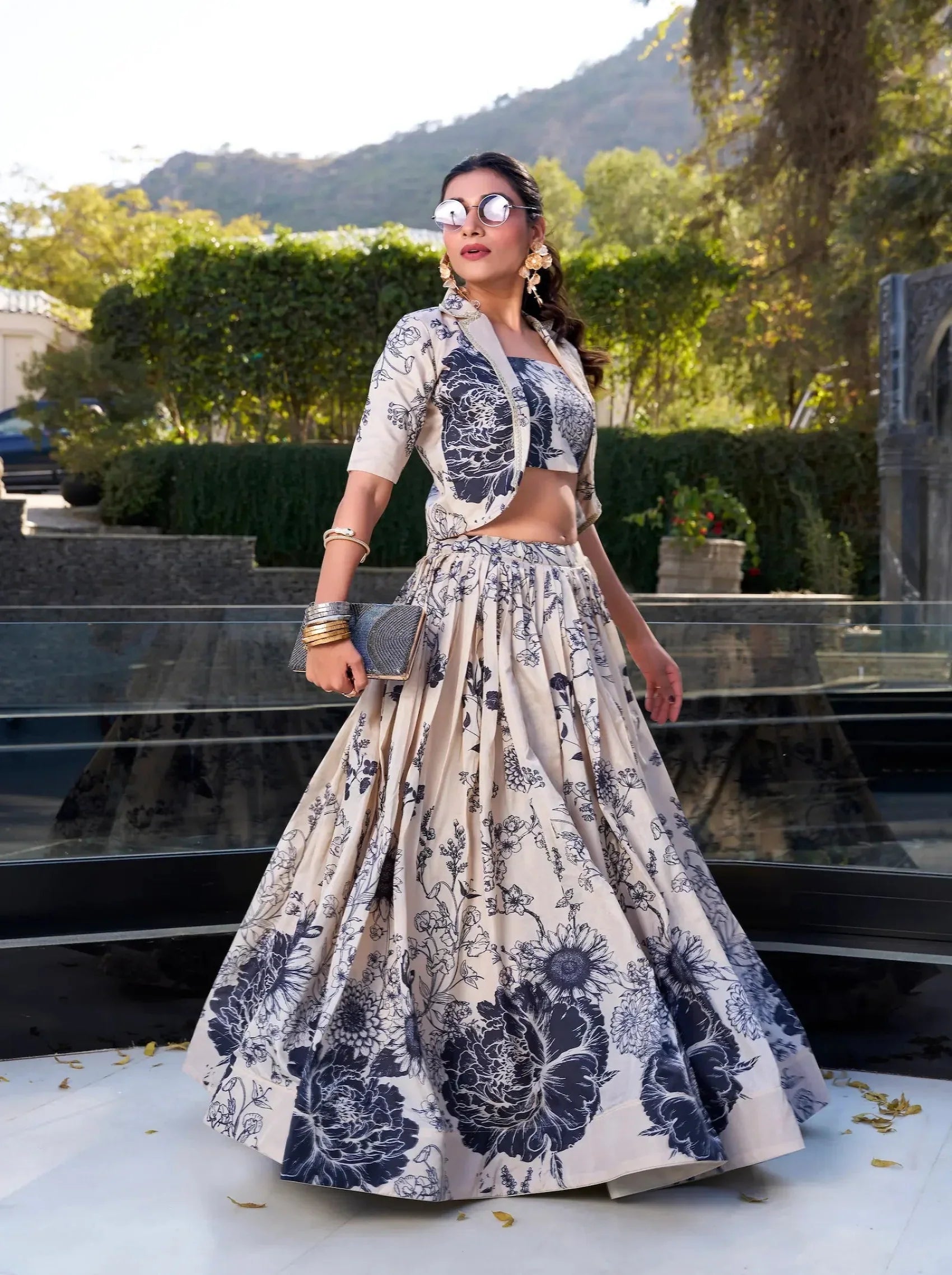 Beige Tussar Silk Floral Printed Indo Western Set - qivii