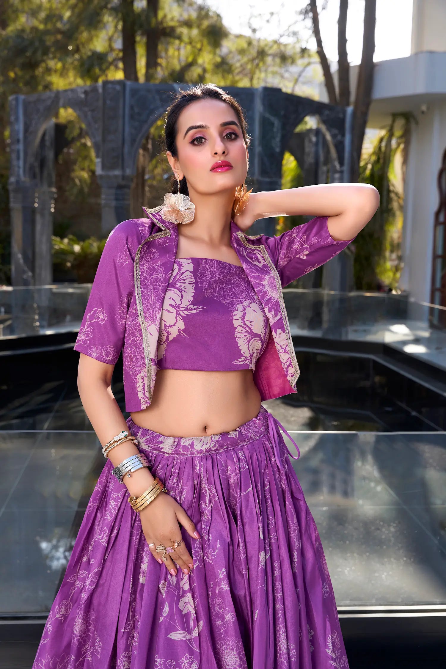 Purple Tussar Silk Floral Printed Indo Western Set - qivii