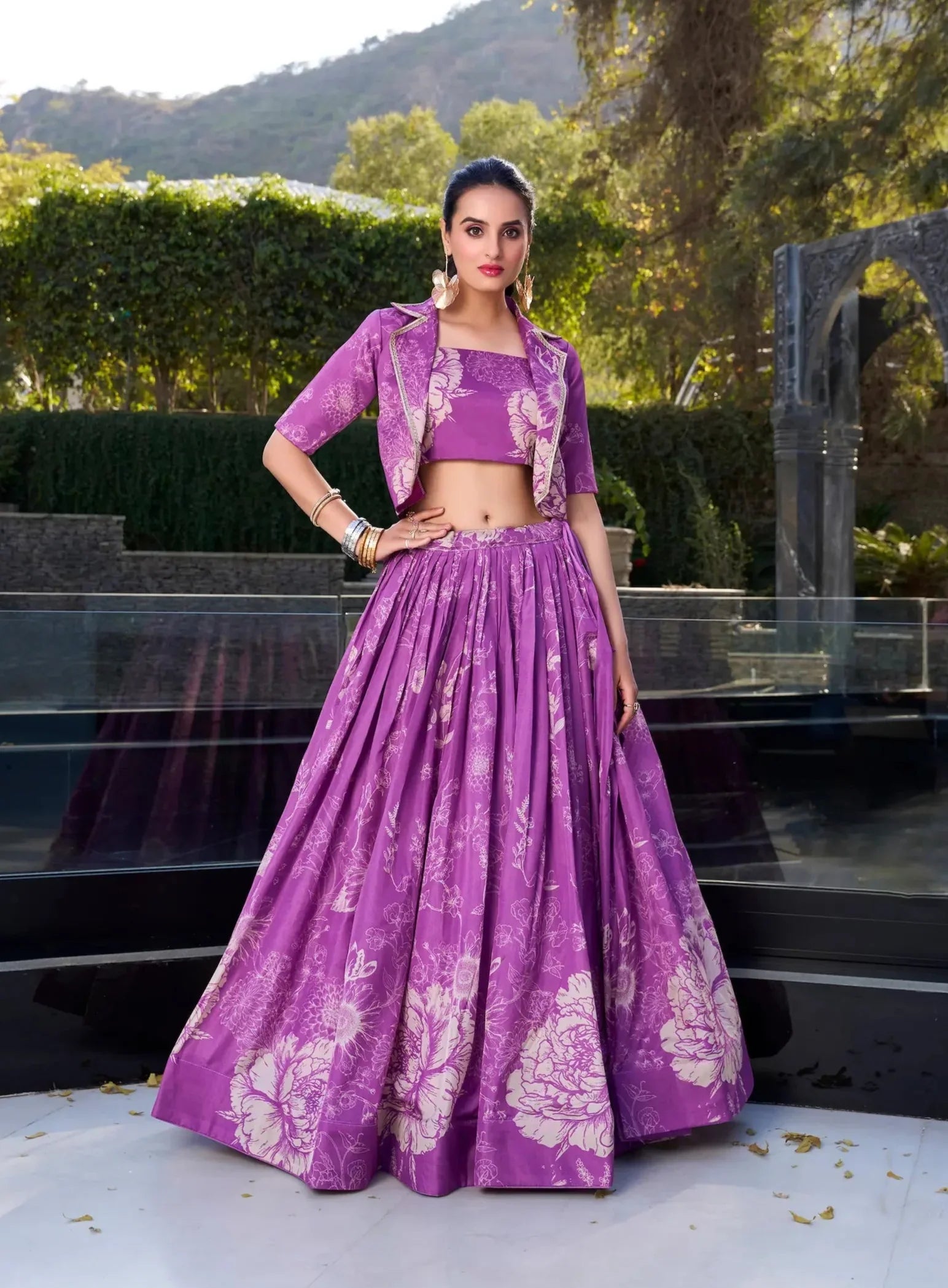 Purple Tussar Silk Floral Printed Indo Western Set - qivii