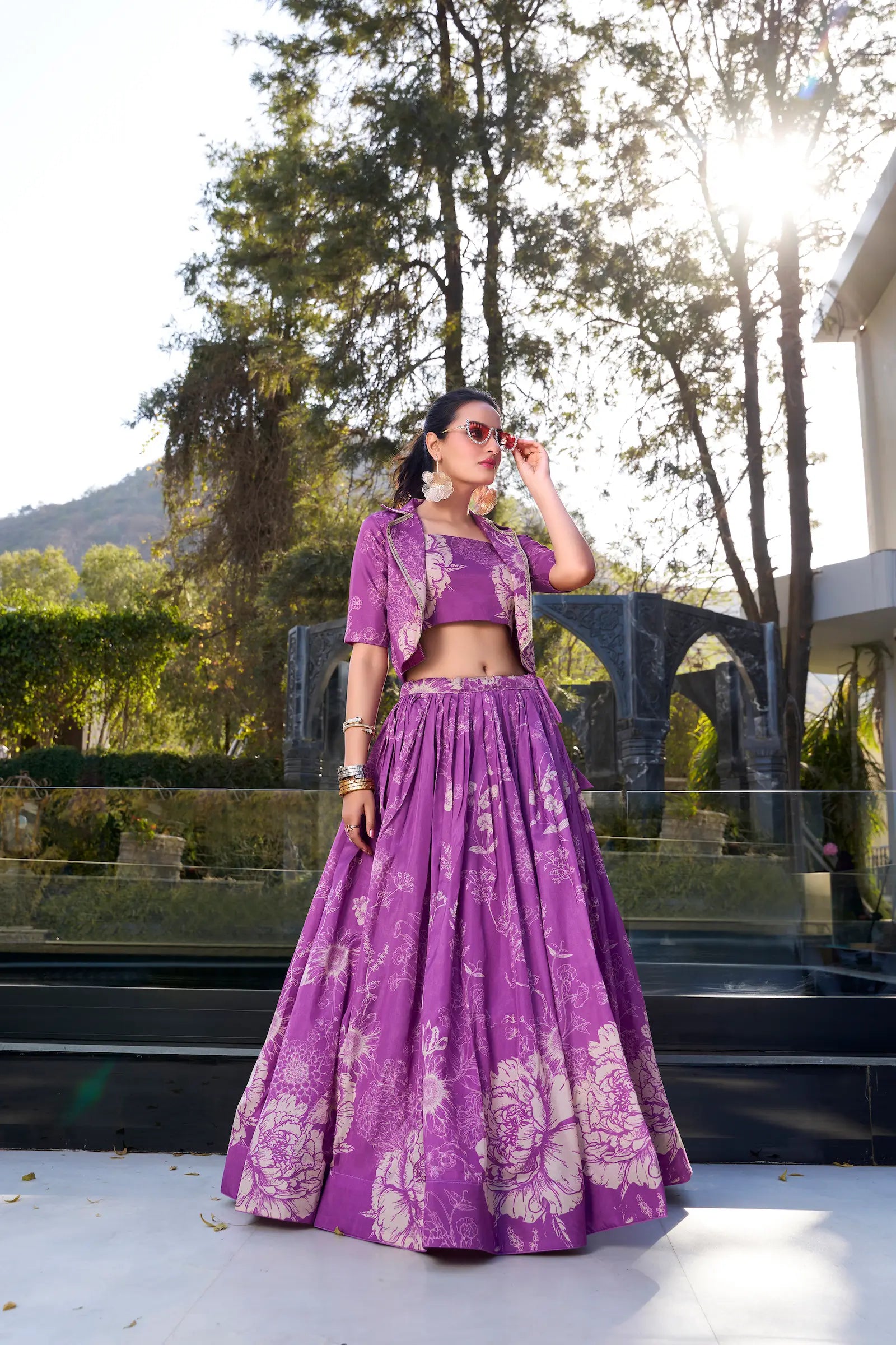 Purple Tussar Silk Floral Printed Indo Western Set - qivii