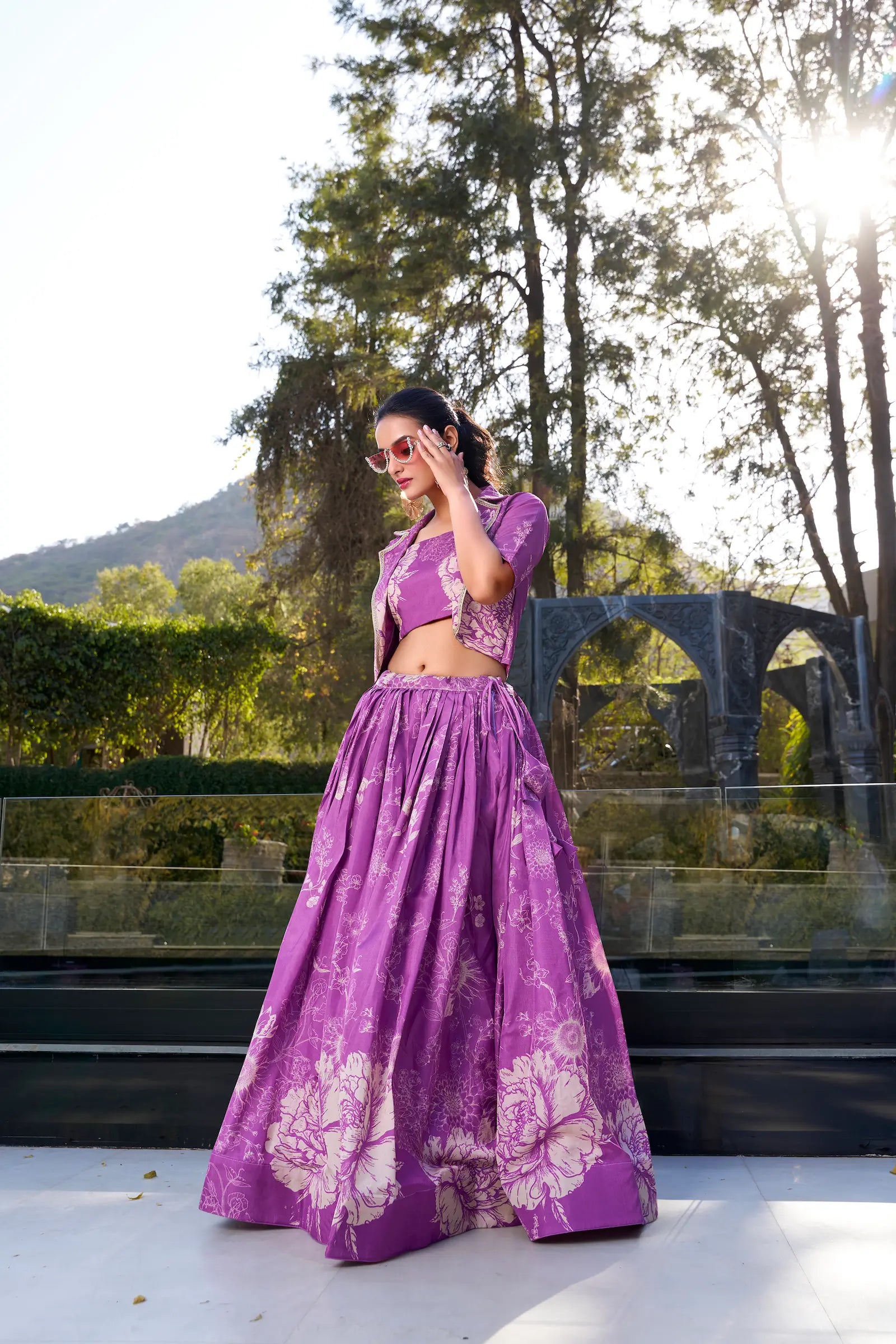 Purple Tussar Silk Floral Printed Indo Western Set