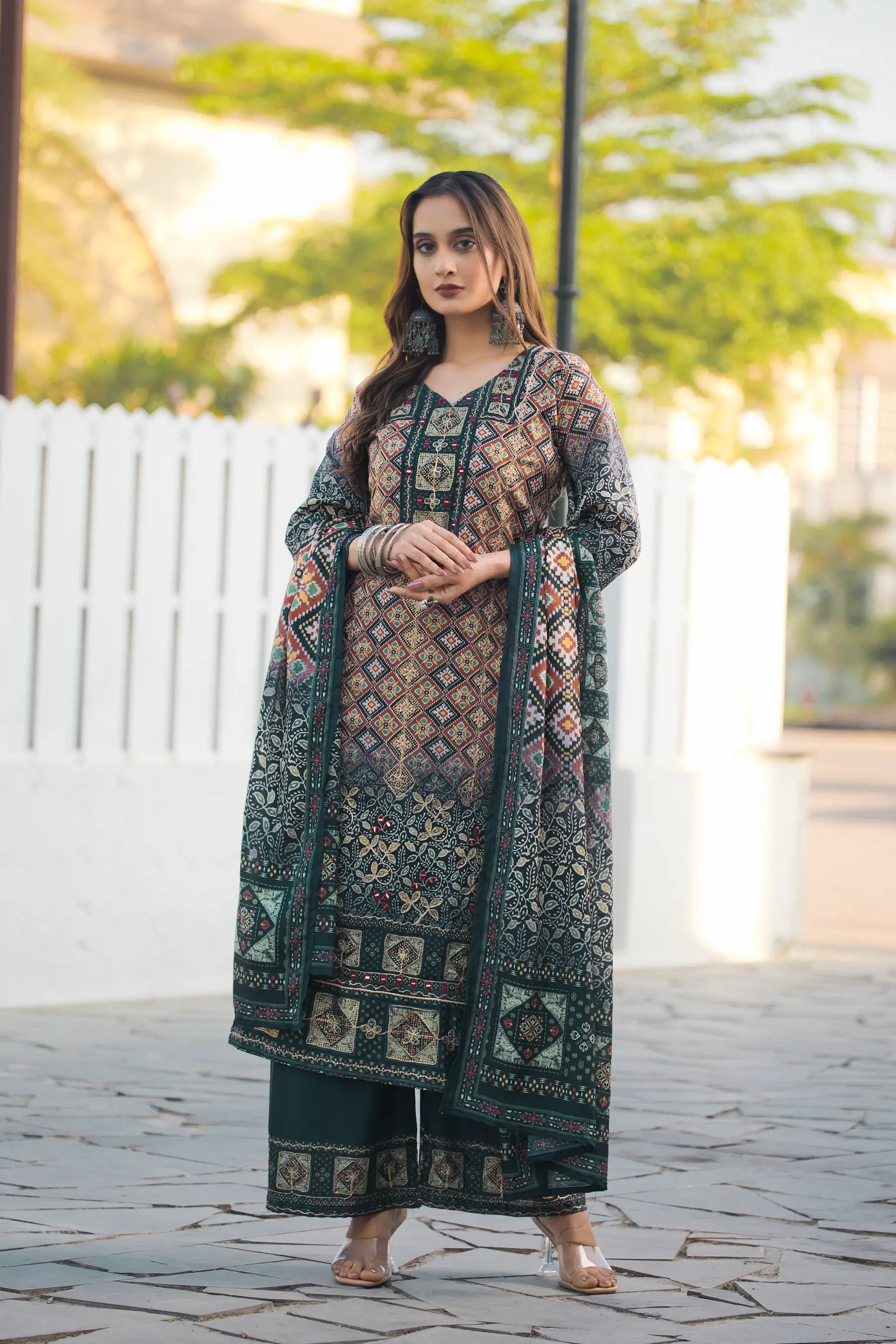 Dark Green Chinon Handwork & Printed Salwar Suit - qivii