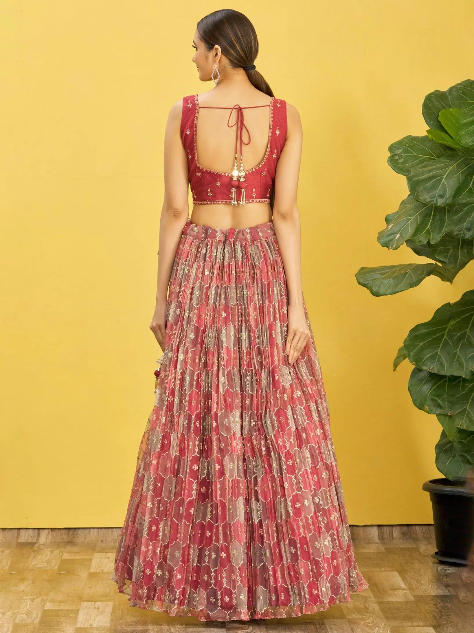 Red Brown Embroidered Choli With Digital Print Lehenga And Net Dupatta | Ready To Wear - qivii