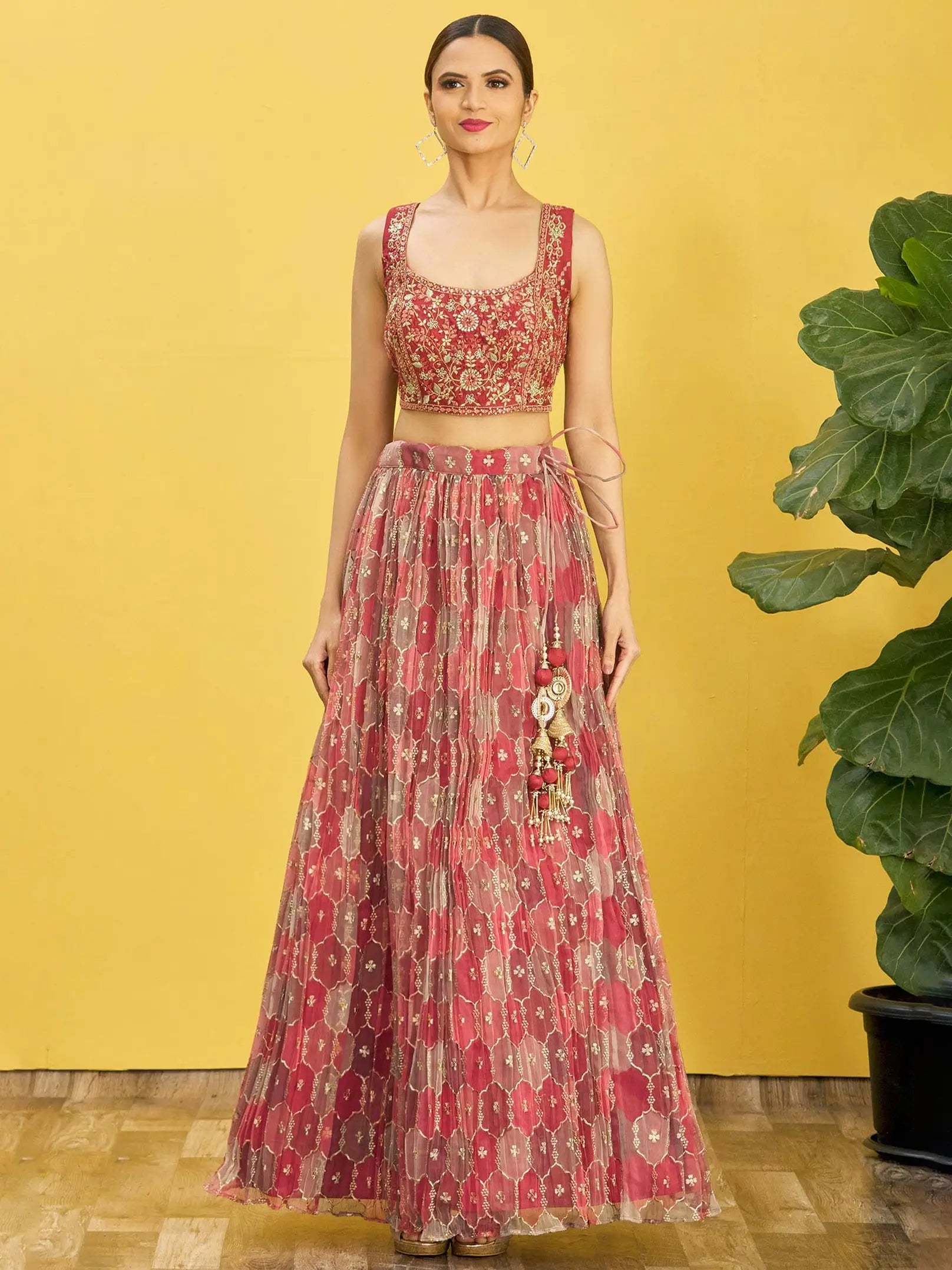 Red Brown Embroidered Choli With Digital Print Lehenga And Net Dupatta | Ready To Wear - qivii
