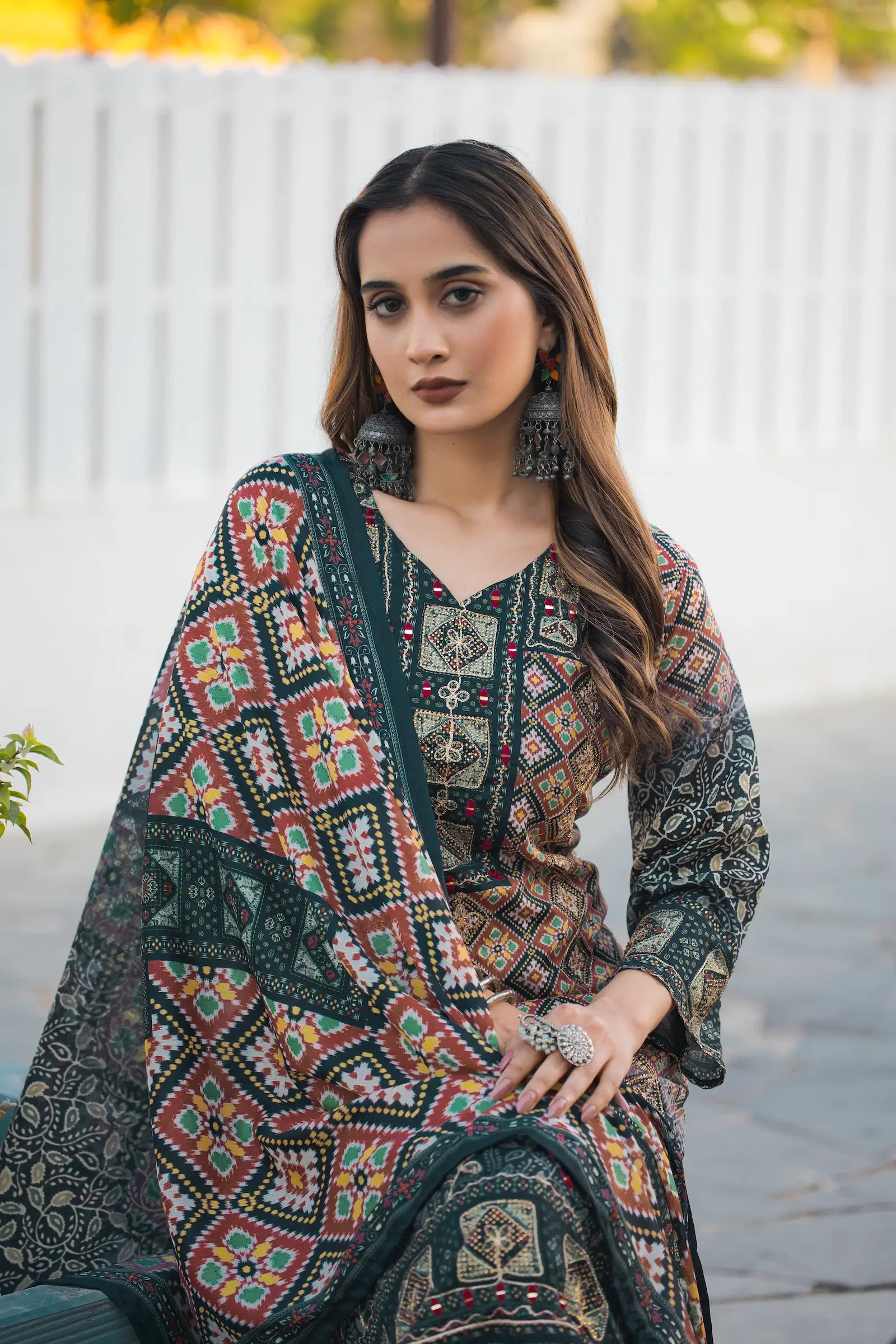 Dark Green Chinon Handwork & Printed Salwar Suit - qivii