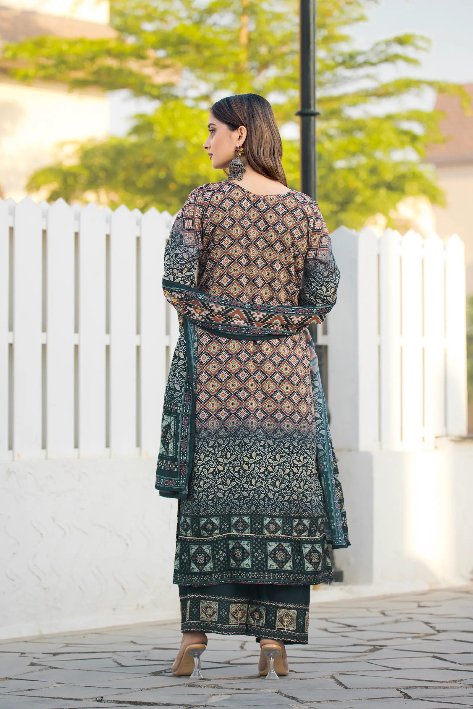 Dark Green Chinon Handwork & Printed Salwar Suit - qivii