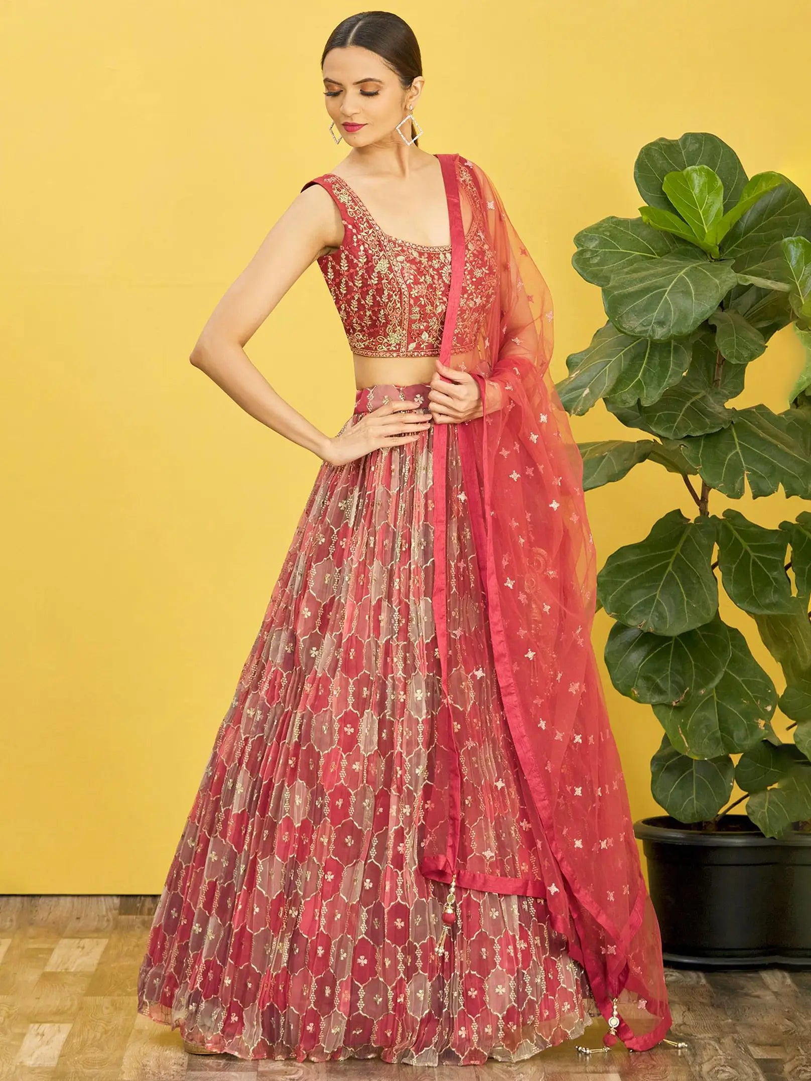 Red Brown Embroidered Choli With Digital Print Lehenga And Net Dupatta | Ready To Wear - qivii