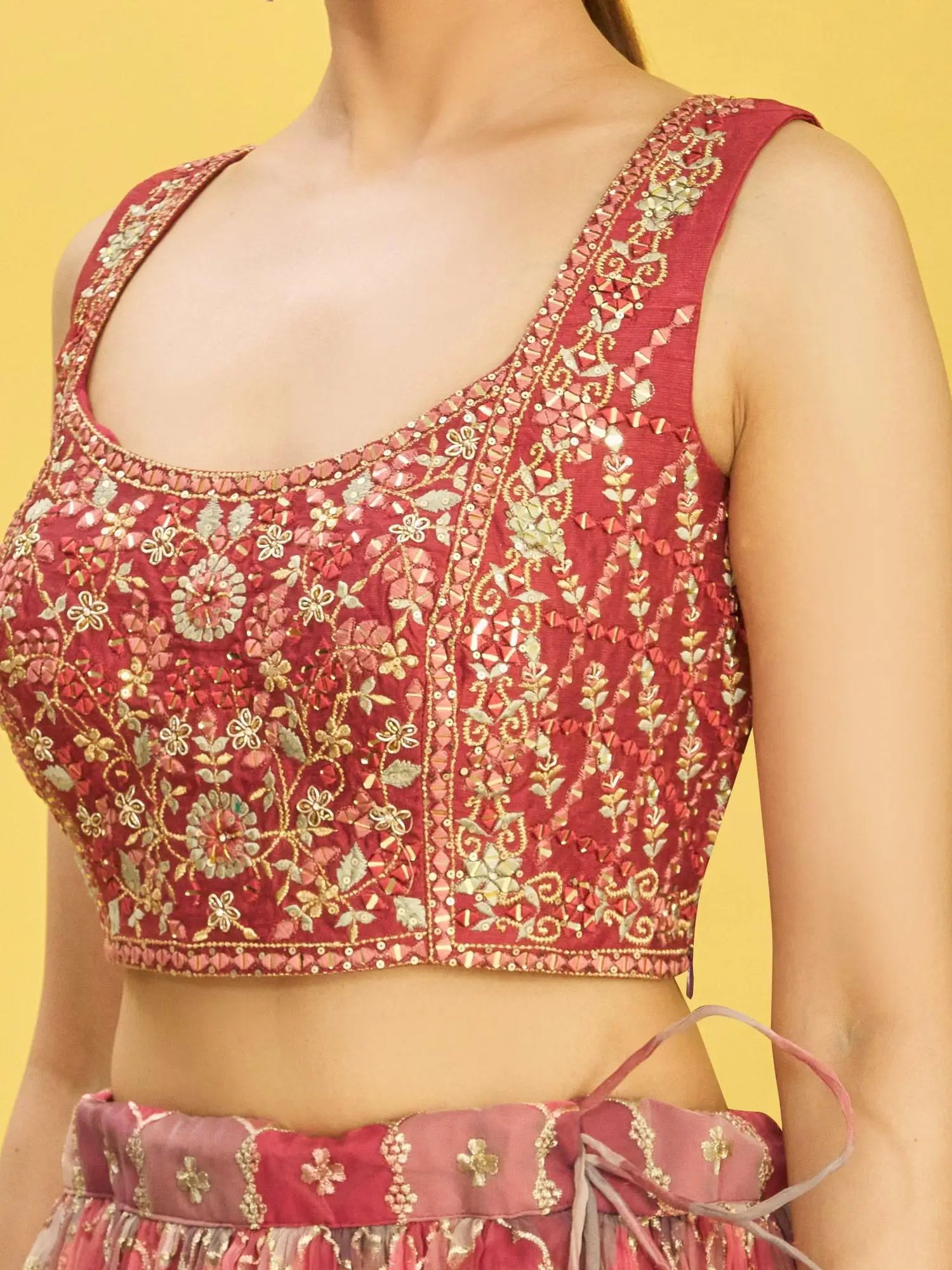 Red Brown Embroidered Choli With Digital Print Lehenga And Net Dupatta | Ready To Wear - qivii