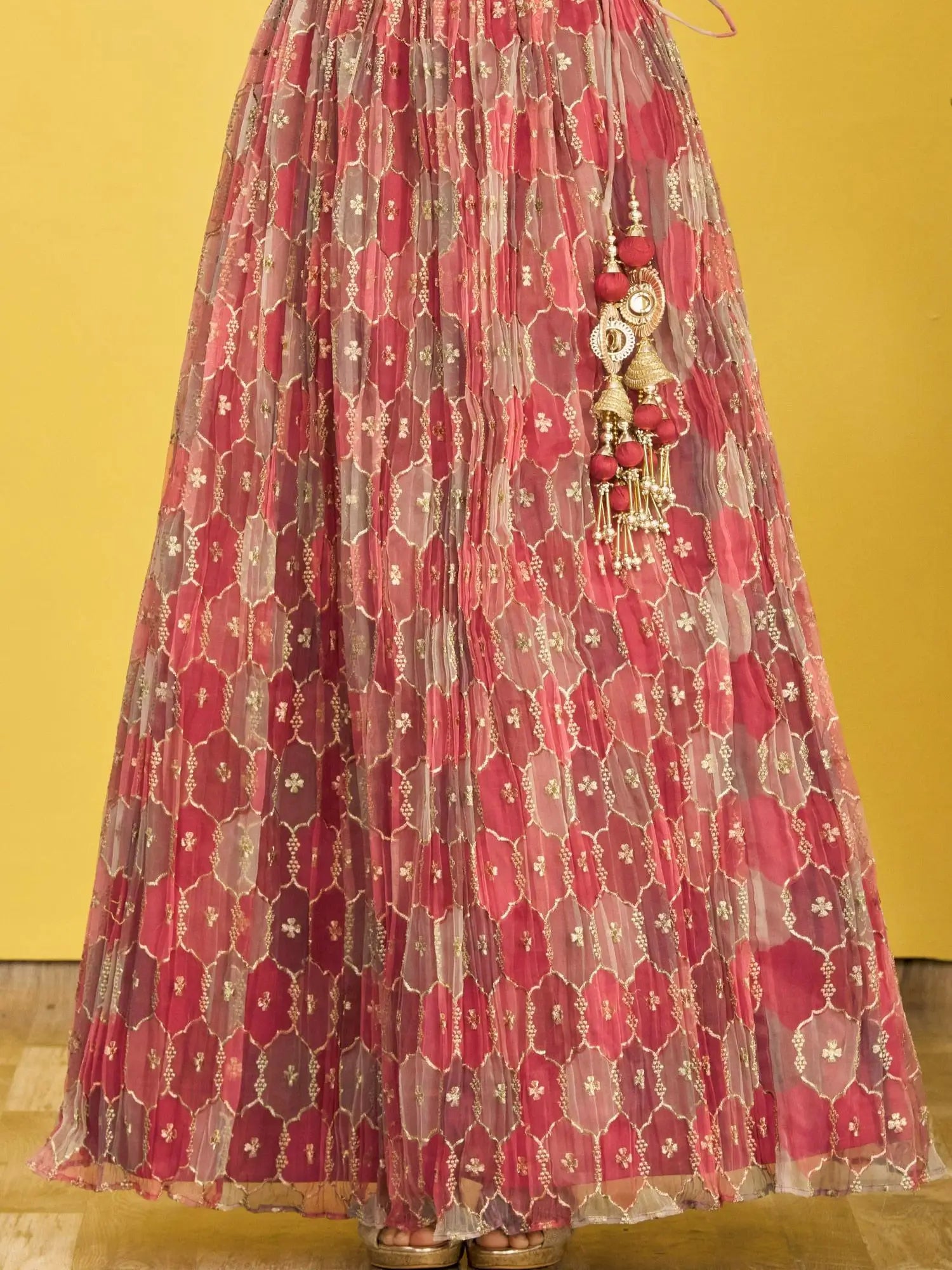 Red Brown Embroidered Choli With Digital Print Lehenga And Net Dupatta | Ready To Wear - qivii