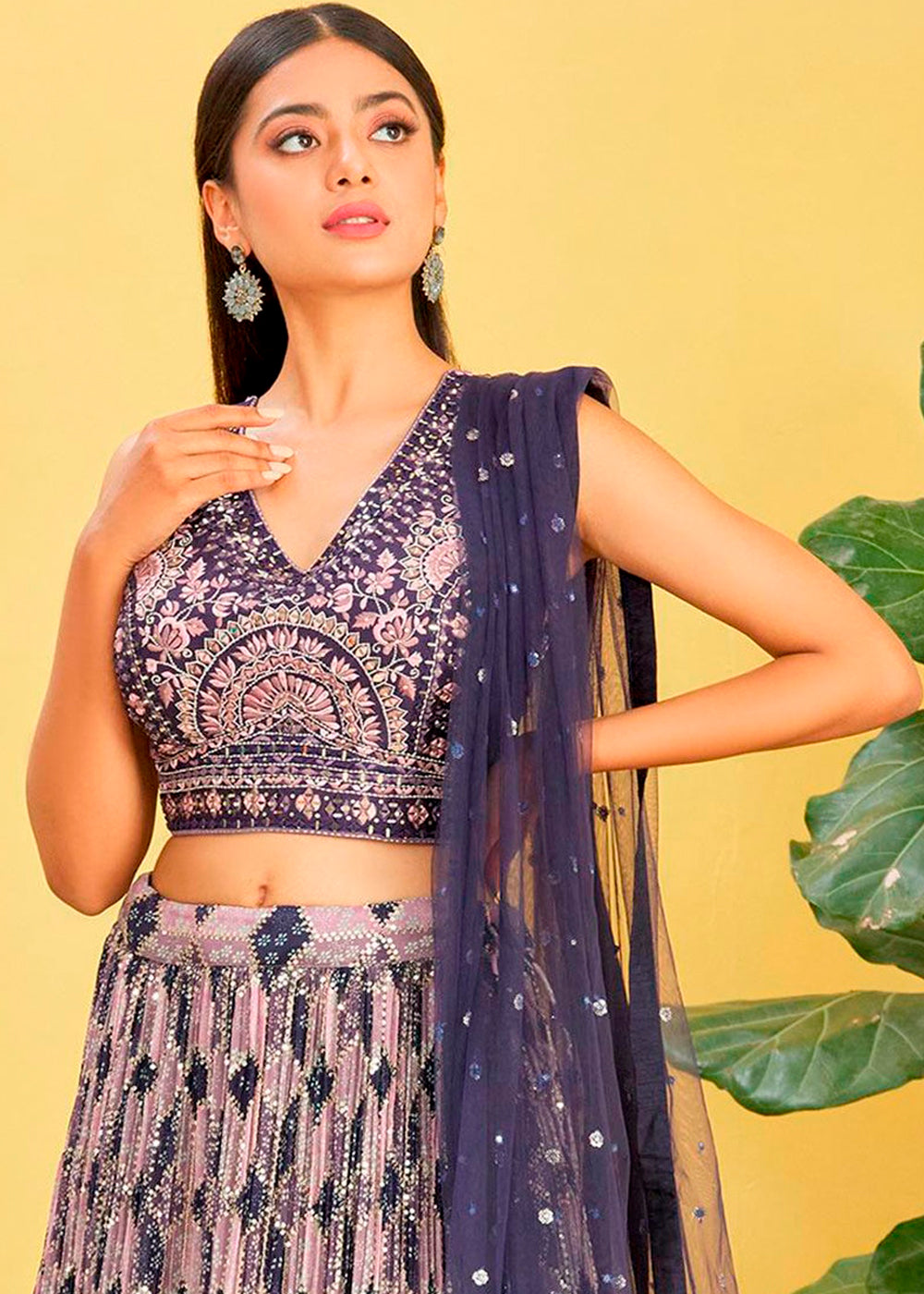 Shades Of Purple Digital Printed Chinnon Lehenga with Thread,Zari & Sequins Work | Ready To Wear - qivii