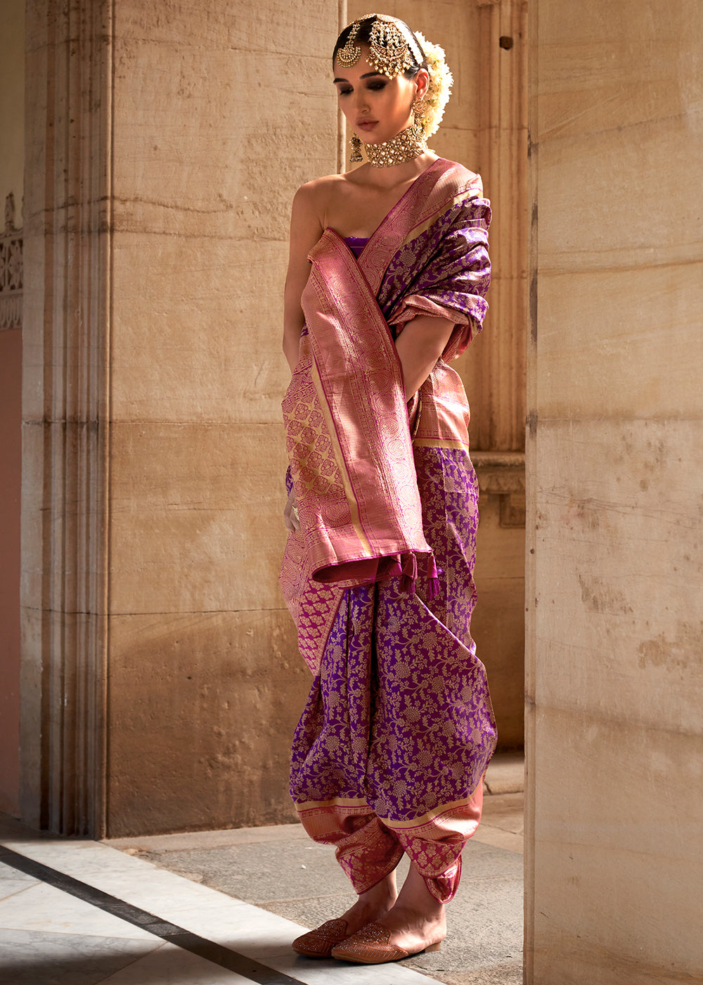 Grape Purple Zari Woven Banarasi Silk Saree - qivii