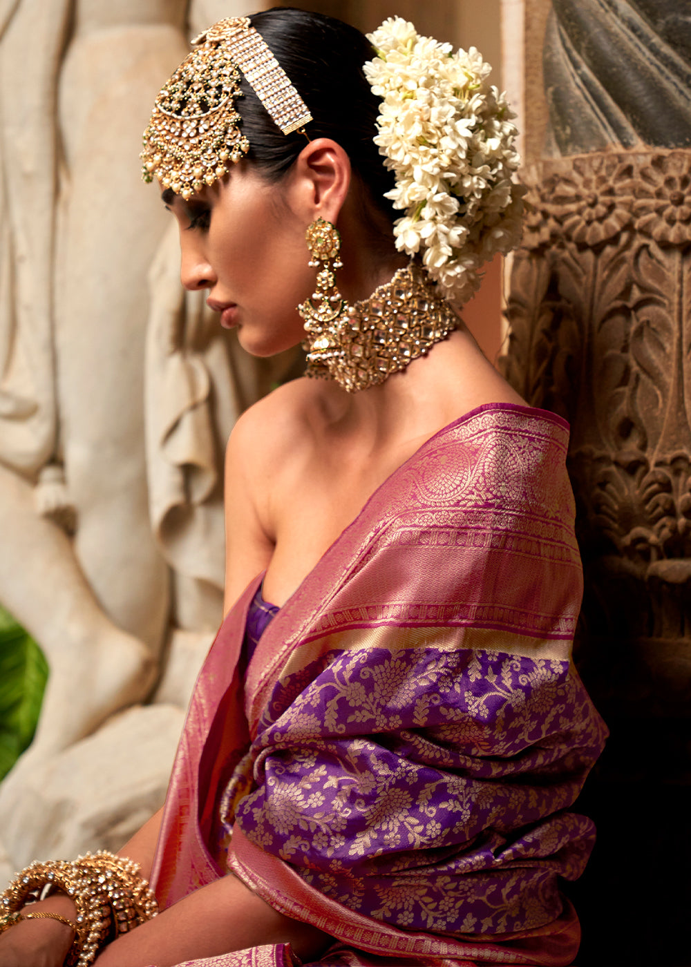 Grape Purple Zari Woven Banarasi Silk Saree - qivii