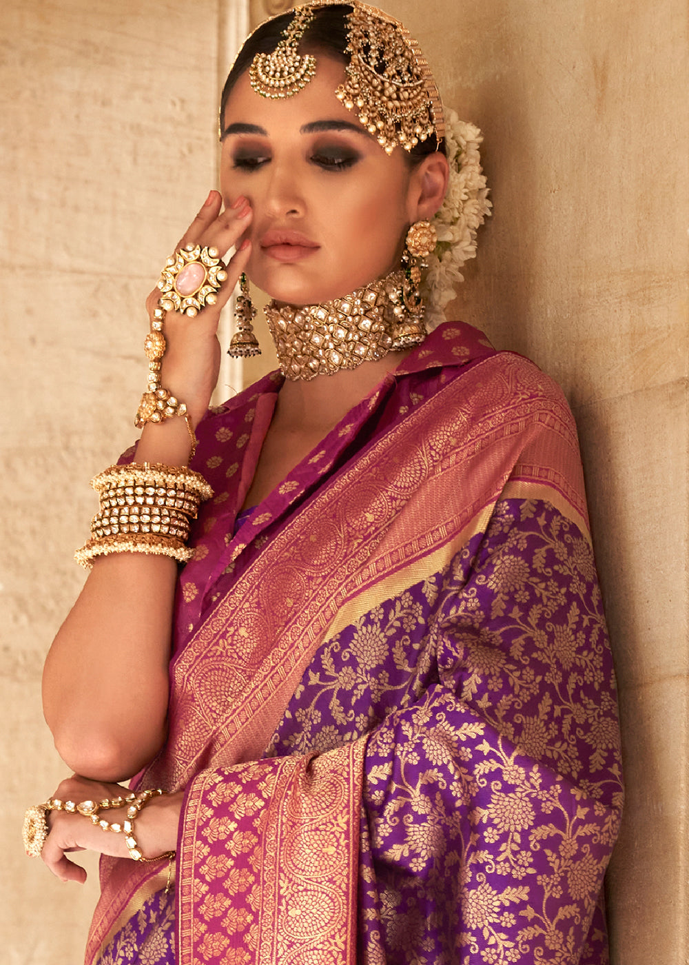 Grape Purple Zari Woven Banarasi Silk Saree - qivii