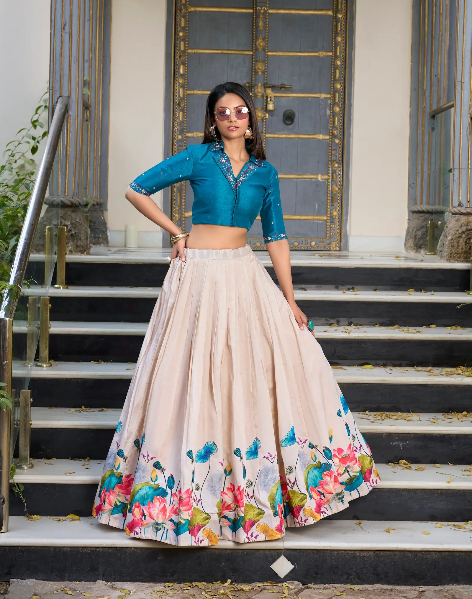 Off White Tussar Silk Indo Western Set With Floral Print, Mirror & Hand Work - qivii