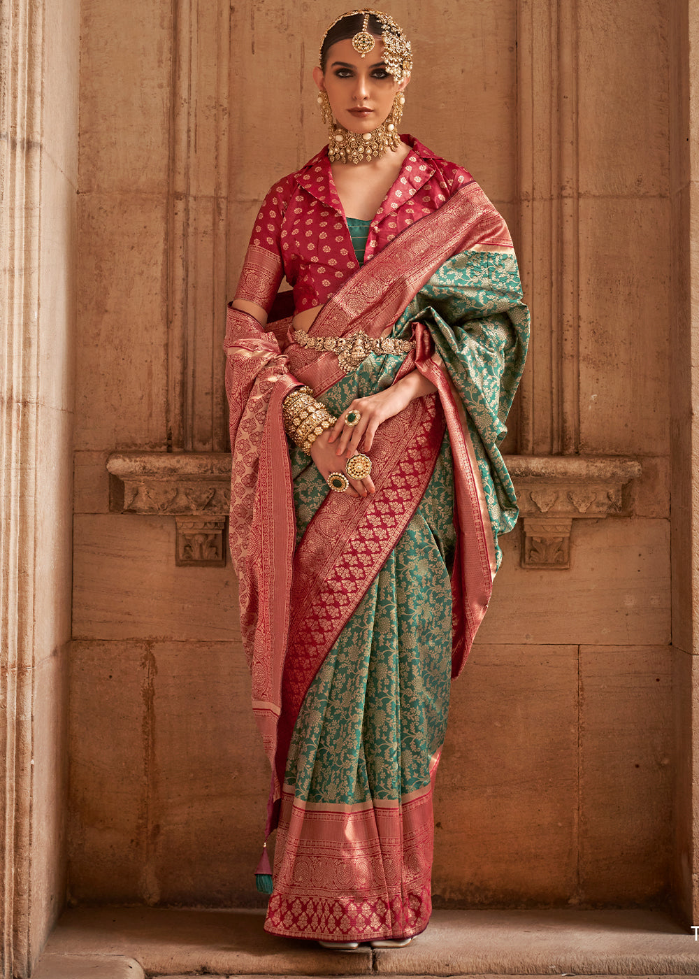 Sea Green Zari Woven Banarasi Silk Saree - qivii