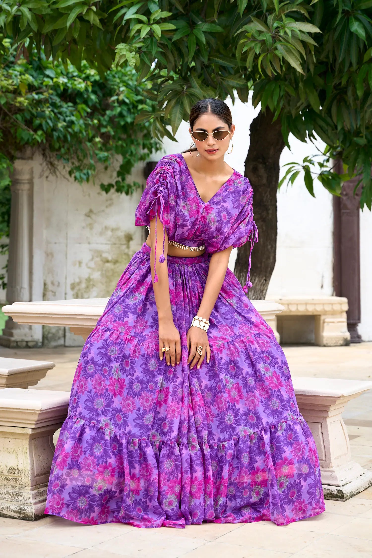 Purple Chiffon Floral Printed Indo Western Set - qivii
