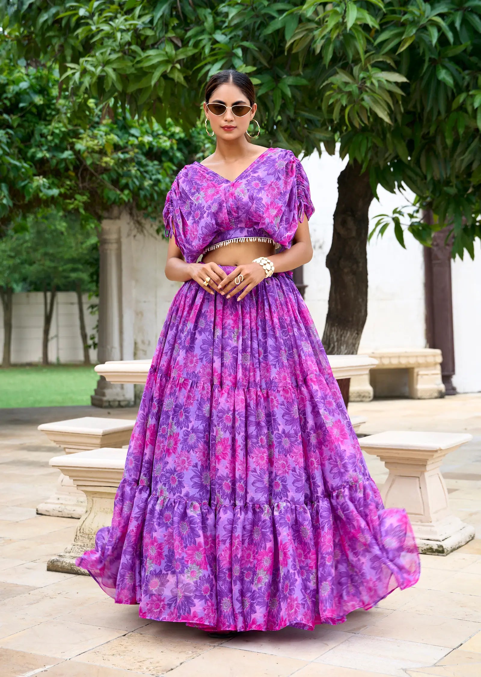 Purple Chiffon Floral Printed Indo Western Set - qivii