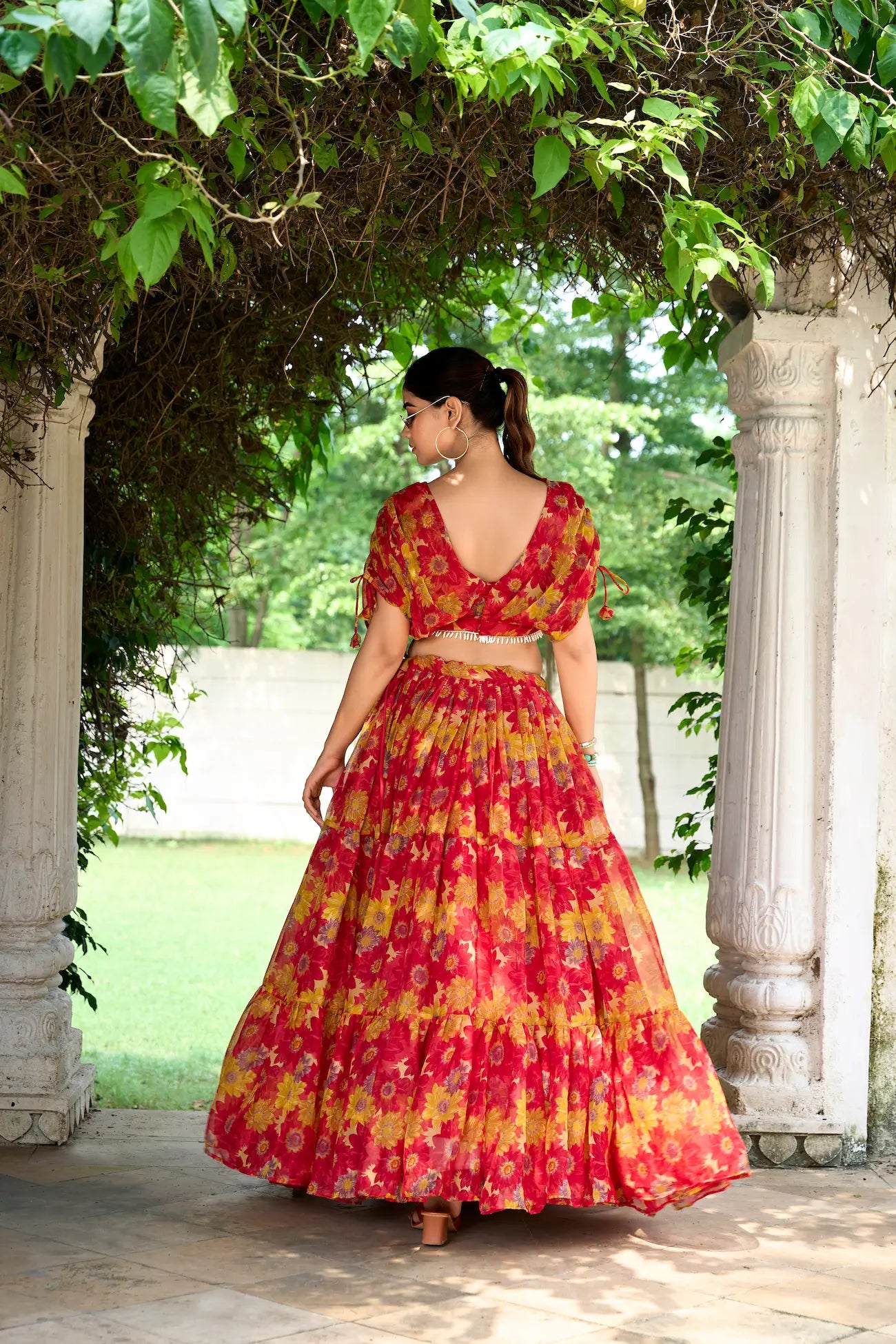 Red Chiffon Floral Printed Indo Western Set - qivii