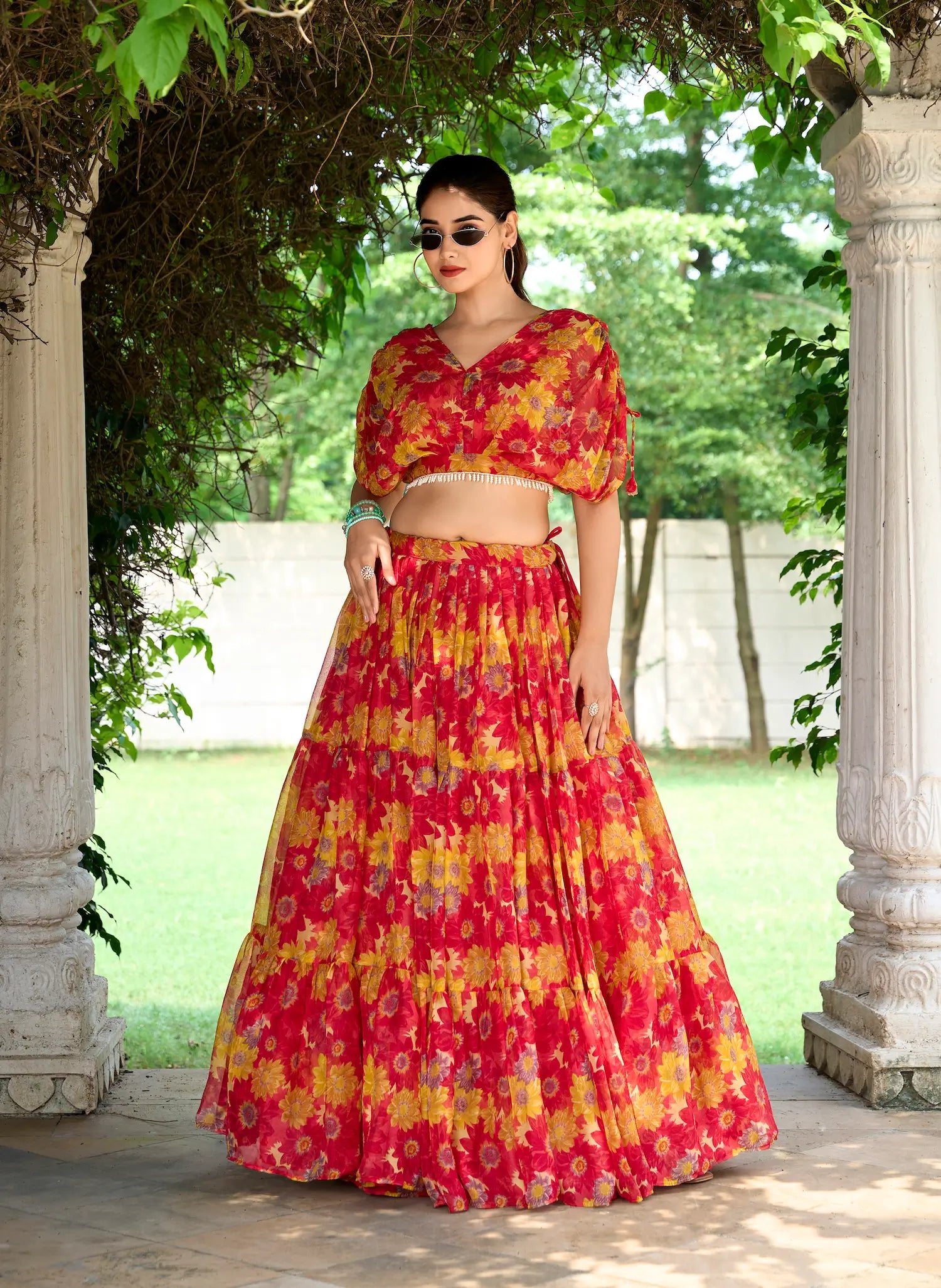 Red Chiffon Floral Printed Indo Western Set - qivii