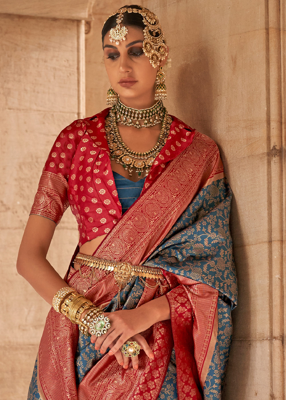 Celadon Blue Zari Woven Banarasi Silk Saree - qivii