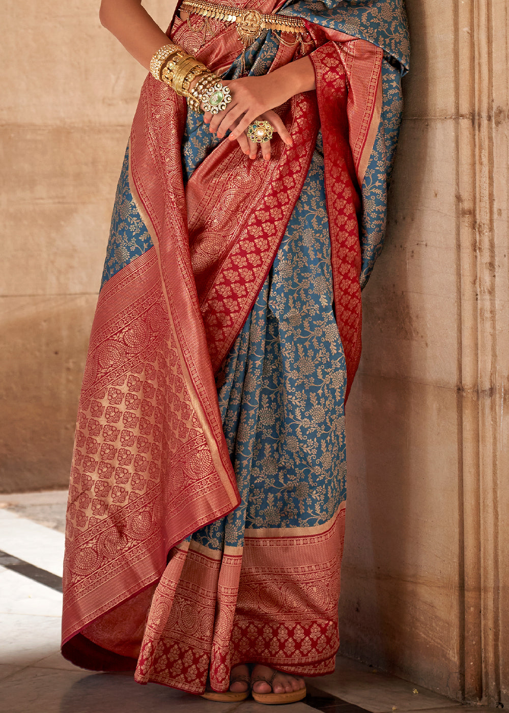 Celadon Blue Zari Woven Banarasi Silk Saree - qivii