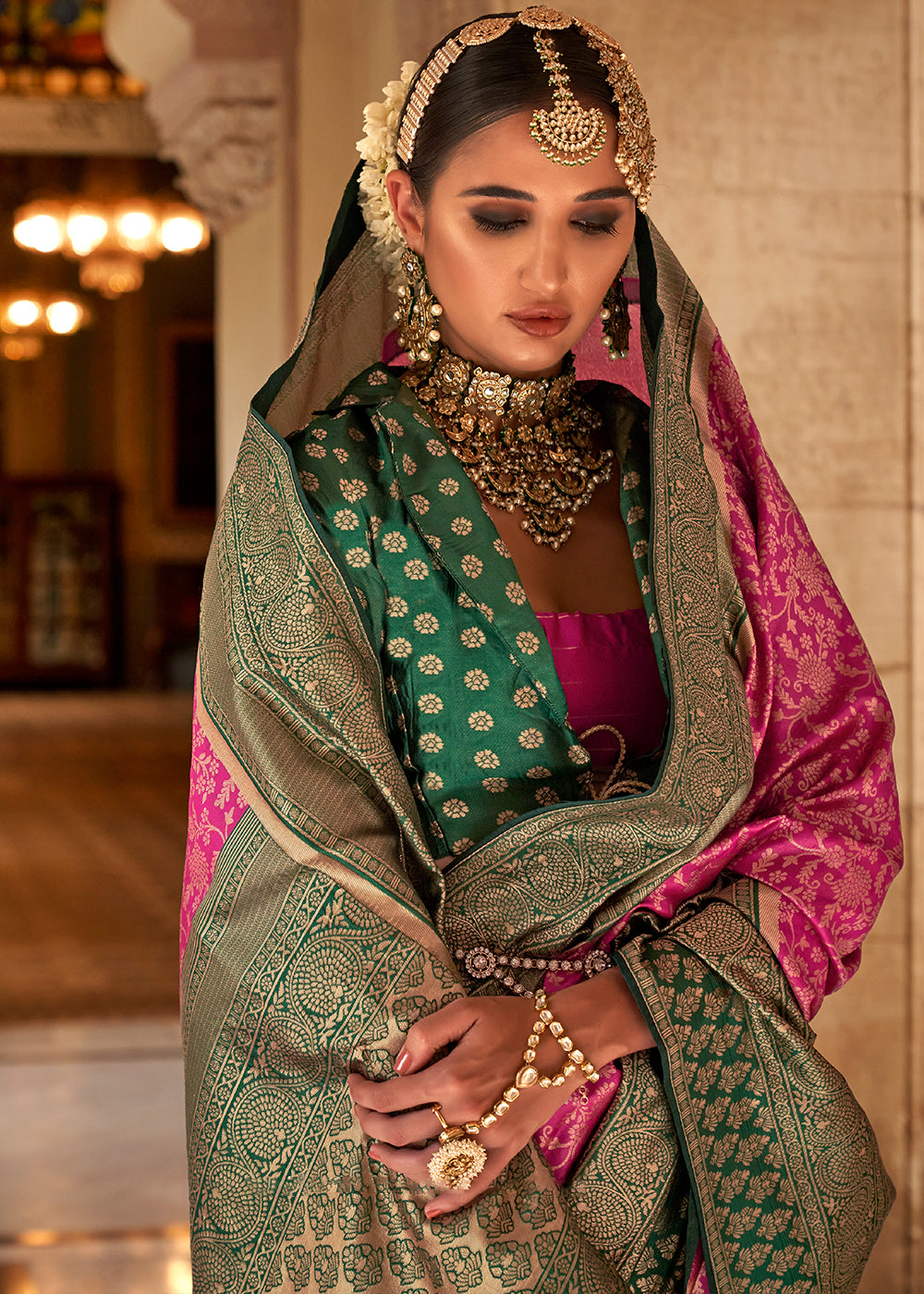 Hot Pink Zari Woven Banarasi Silk Saree - qivii