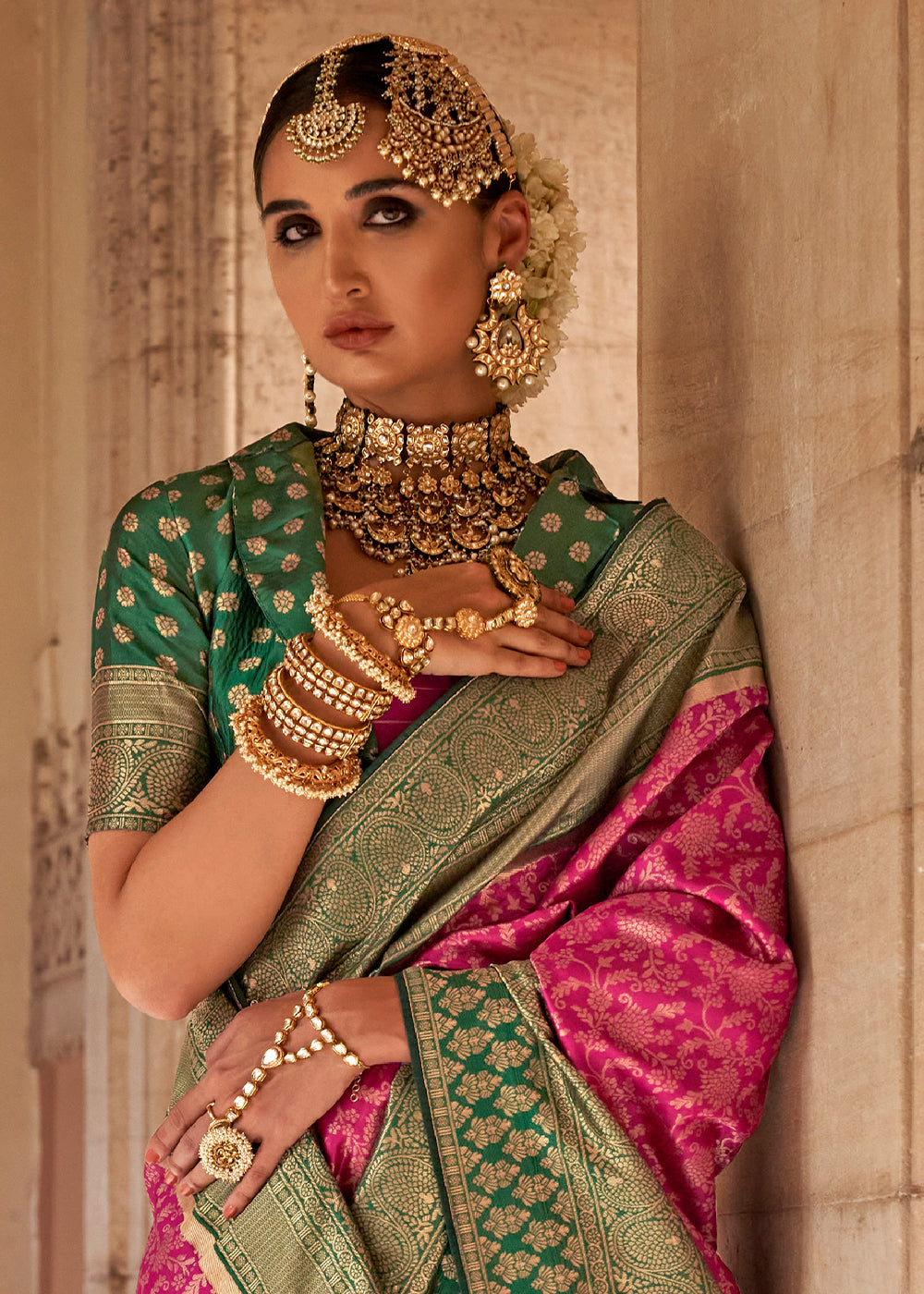 Hot Pink Zari Woven Banarasi Silk Saree - qivii