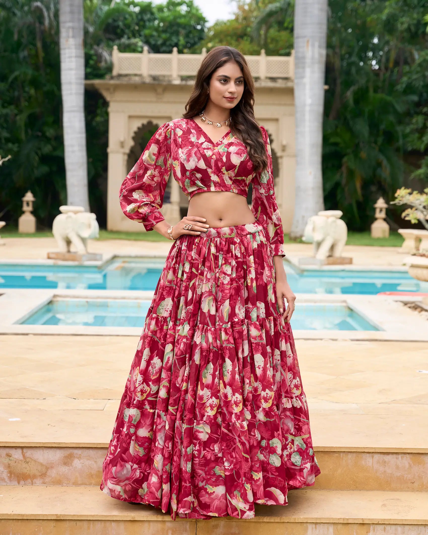 Maroon Georgette Floral Printed Indo Western Set - qivii