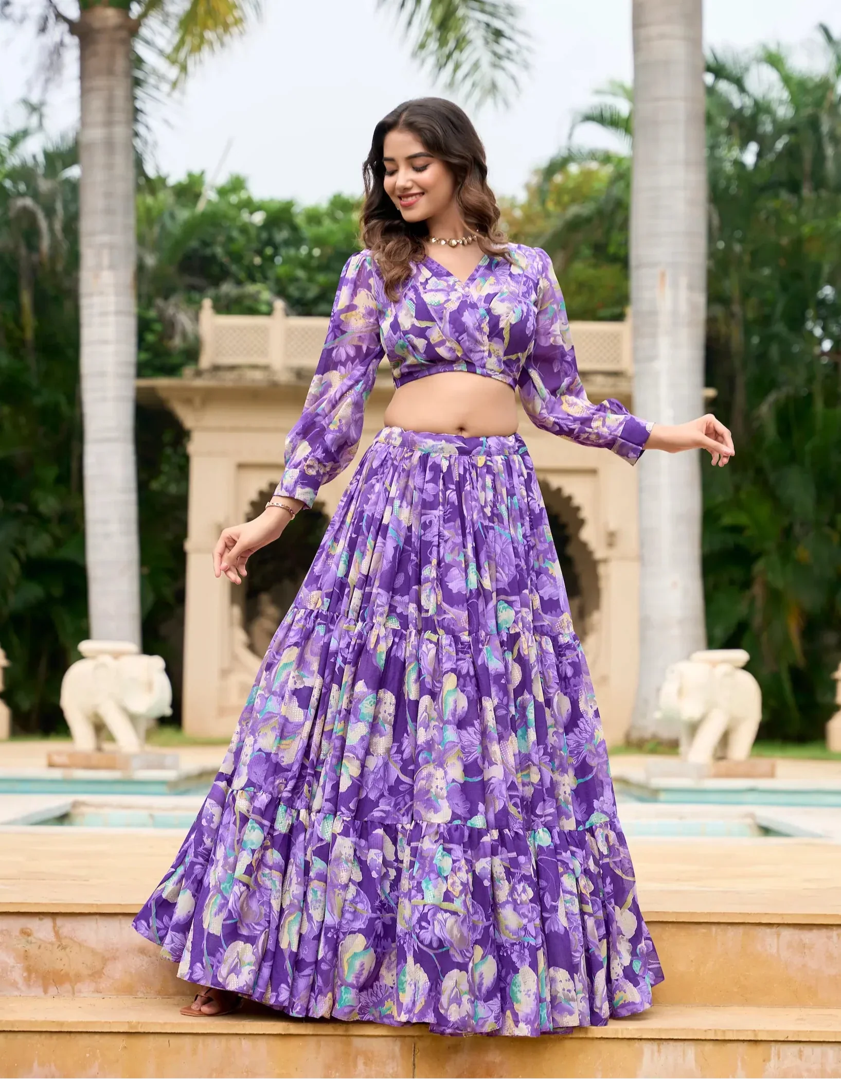 Purple Georgette Floral Printed Indo Western Set - qivii