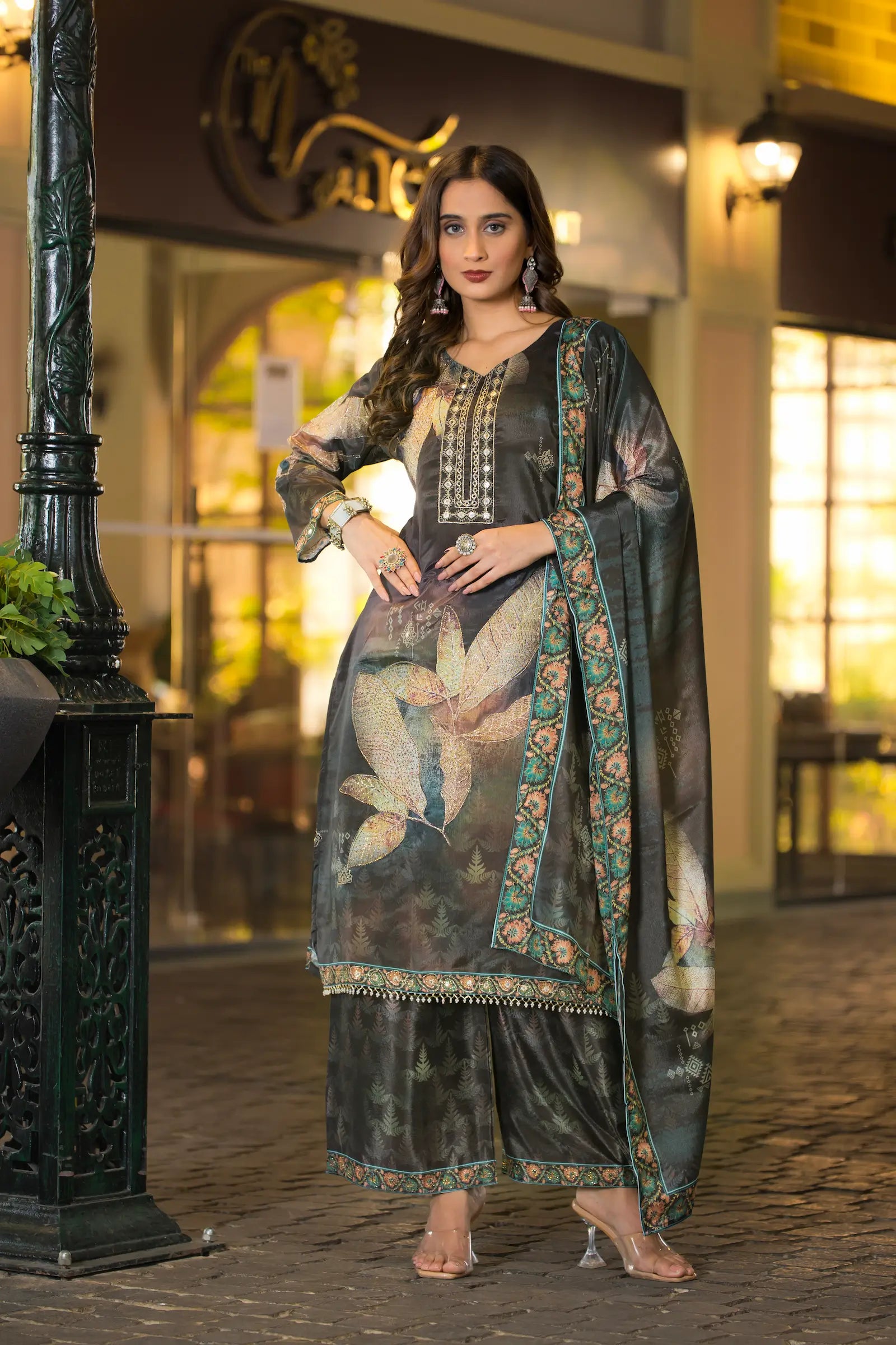 Dark Grey Chinon Handwork & Printed Salwar Suit - qivii