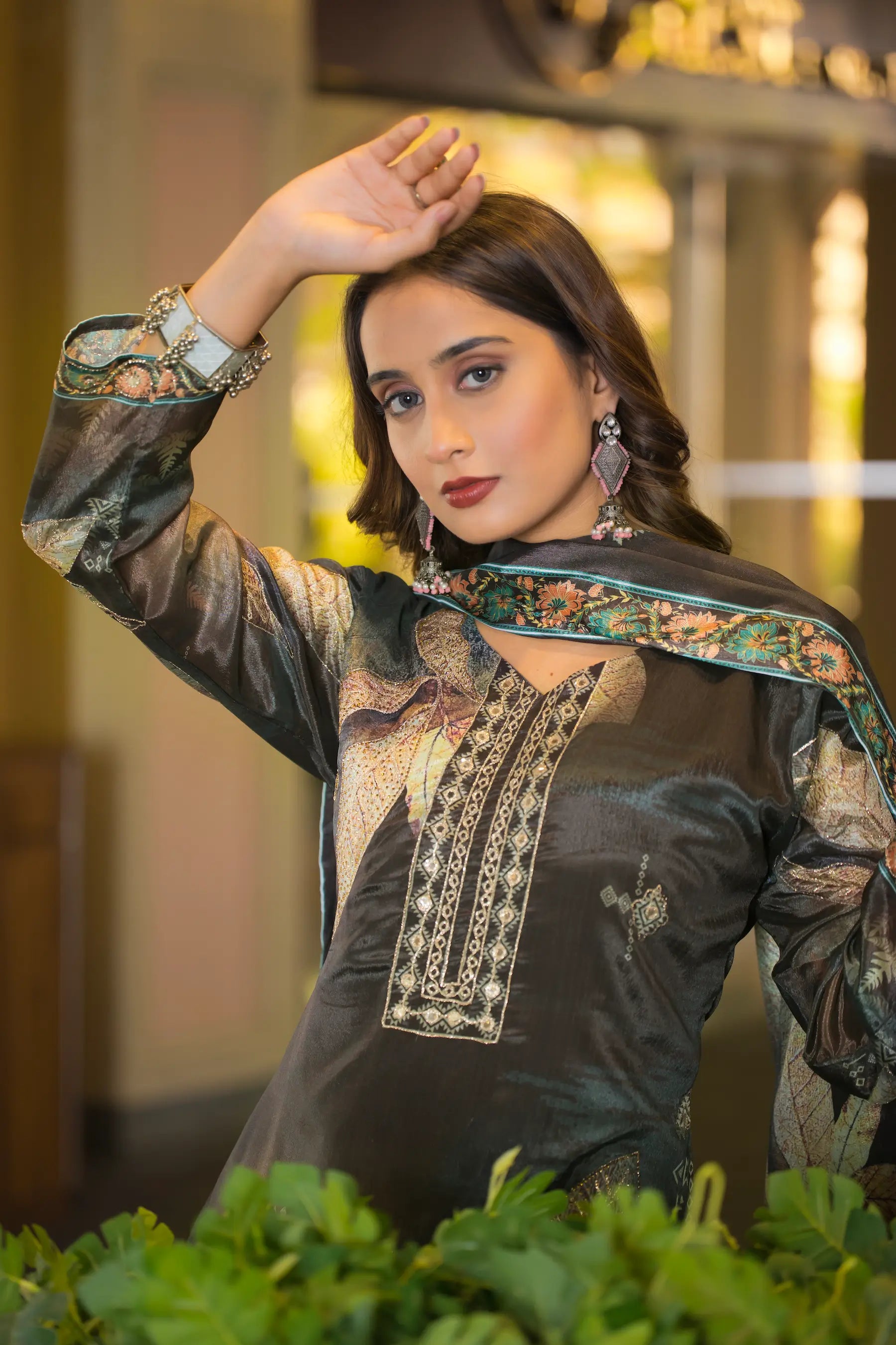Dark Grey Chinon Handwork & Printed Salwar Suit - qivii