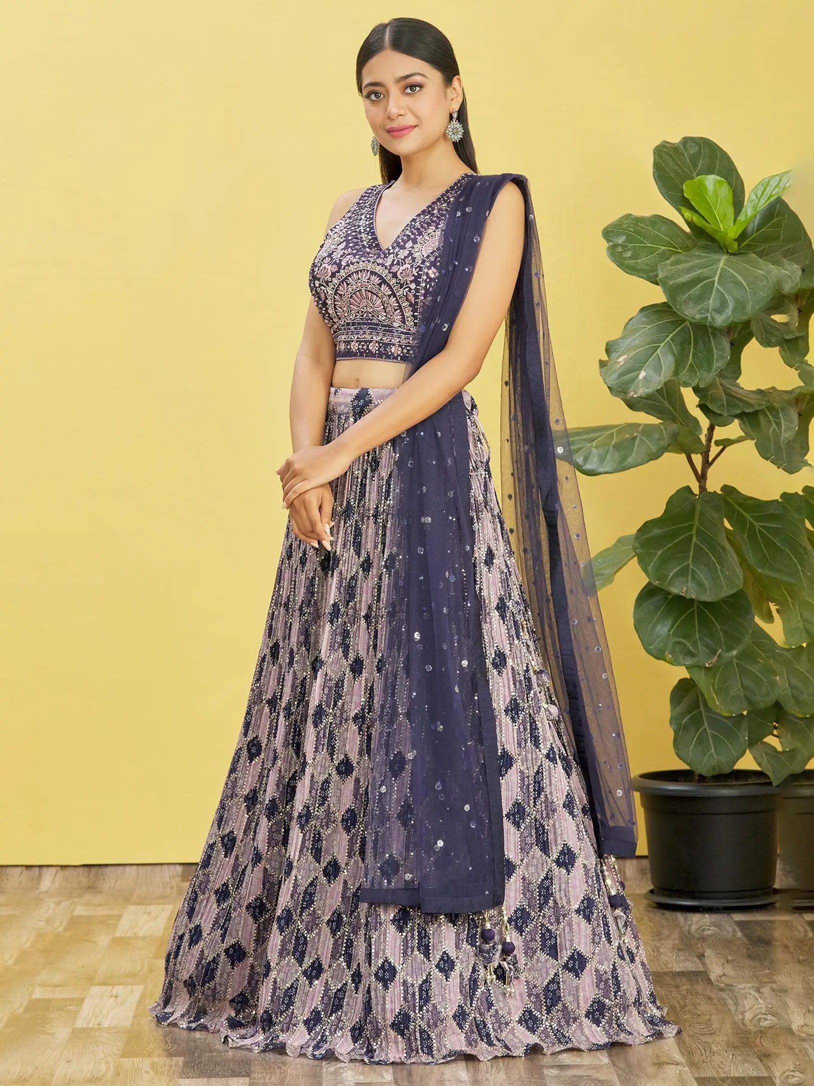 Wine Lehenga With Digital Print And Thread Zari Sequins Embroidery Real Mirror Work - qivii