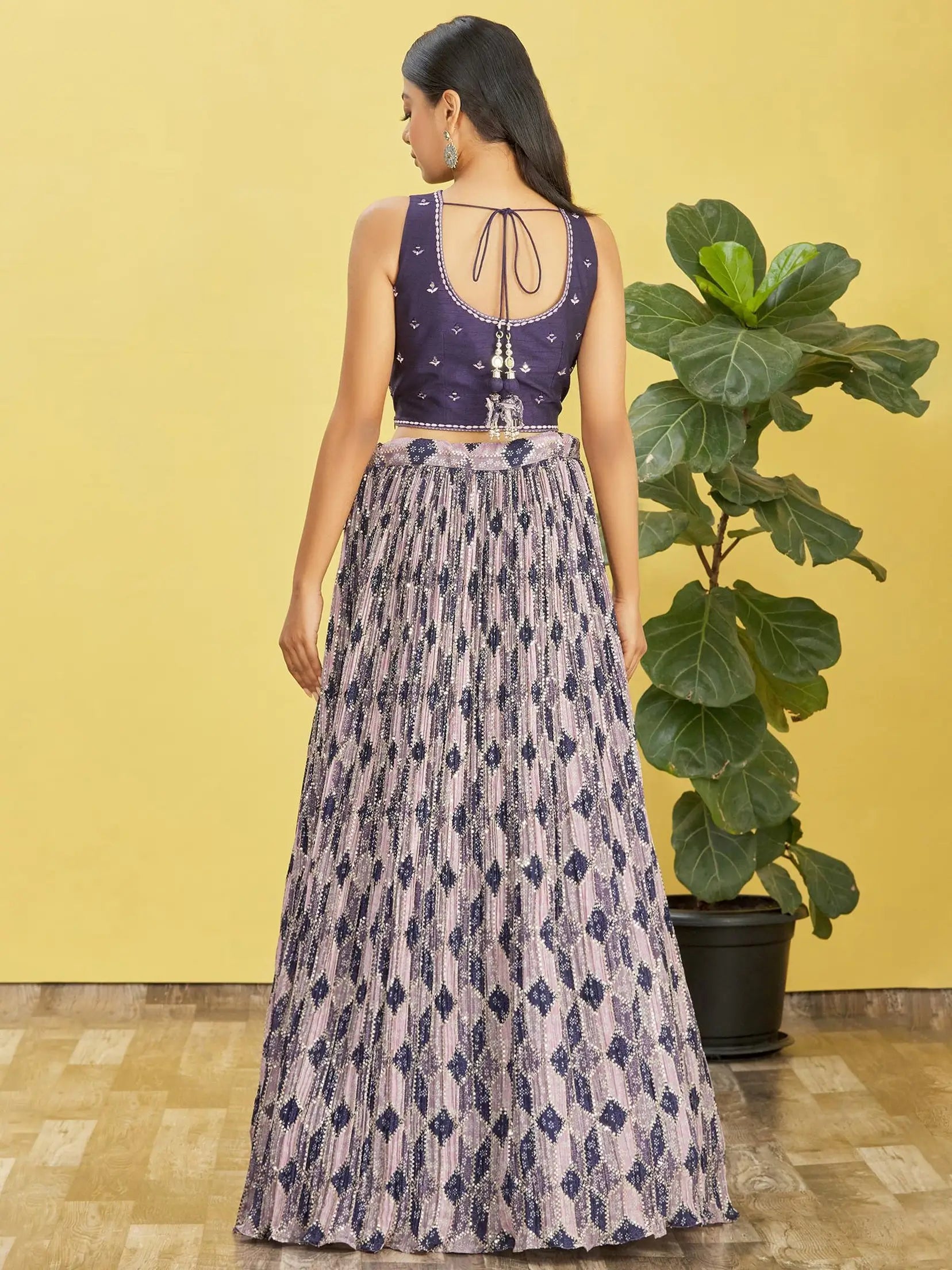 Wine Lehenga With Digital Print And Thread Zari Sequins Embroidery Real Mirror Work | Ready To Wear - qivii