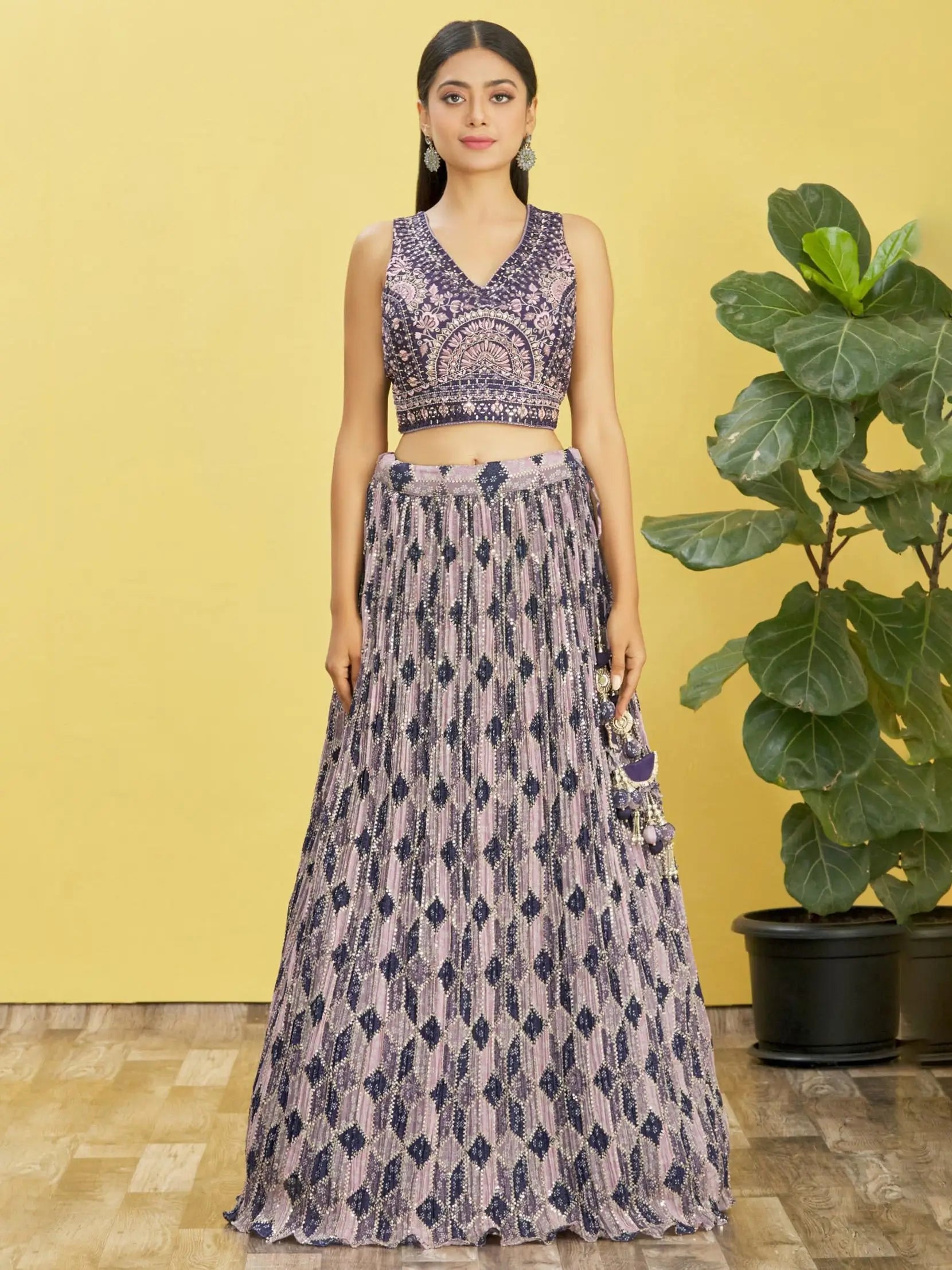 Wine Lehenga With Digital Print And Thread Zari Sequins Embroidery Real Mirror Work | Ready To Wear - qivii