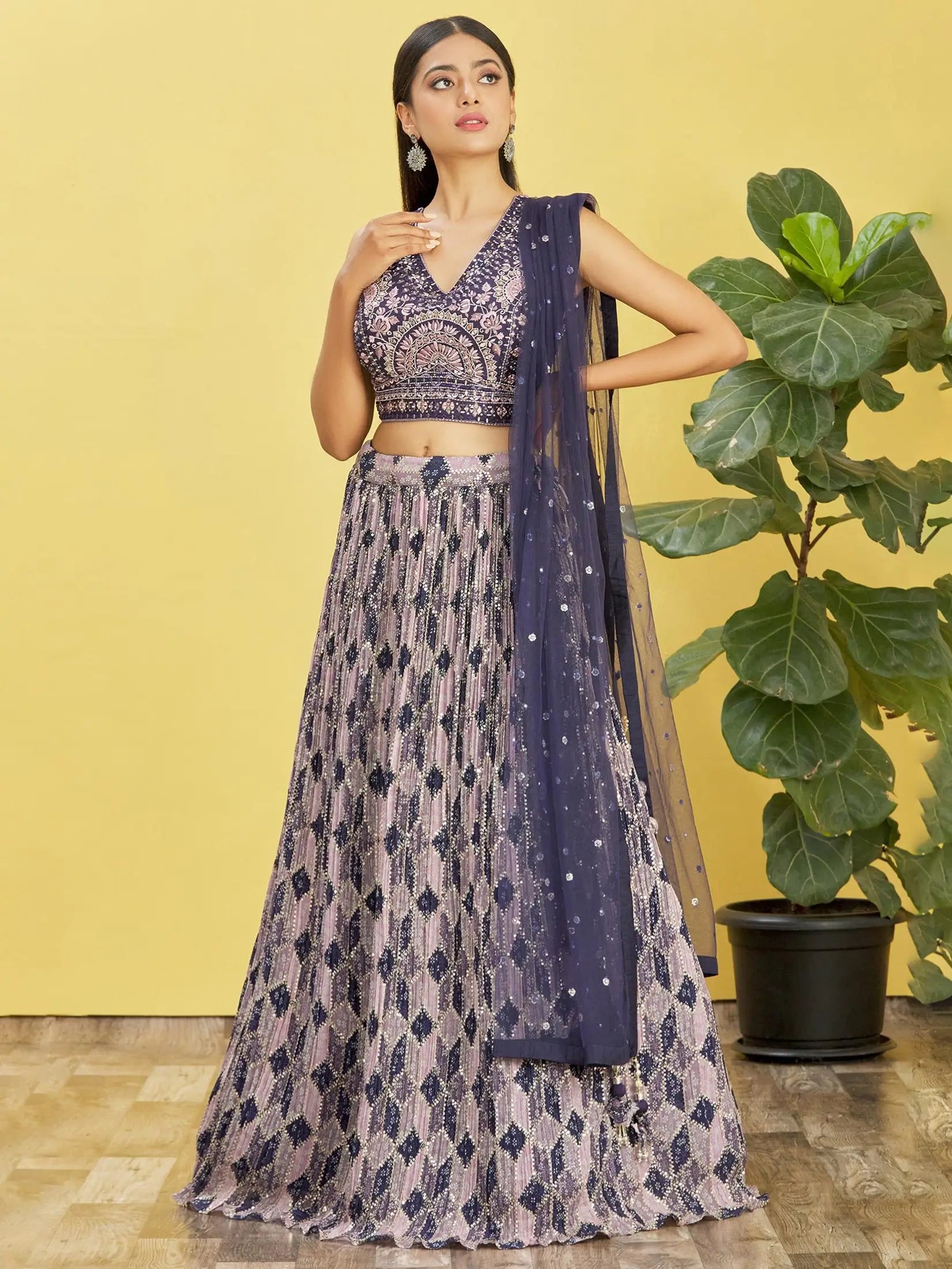 Wine Lehenga With Digital Print And Thread Zari Sequins Embroidery Real Mirror Work | Ready To Wear - qivii