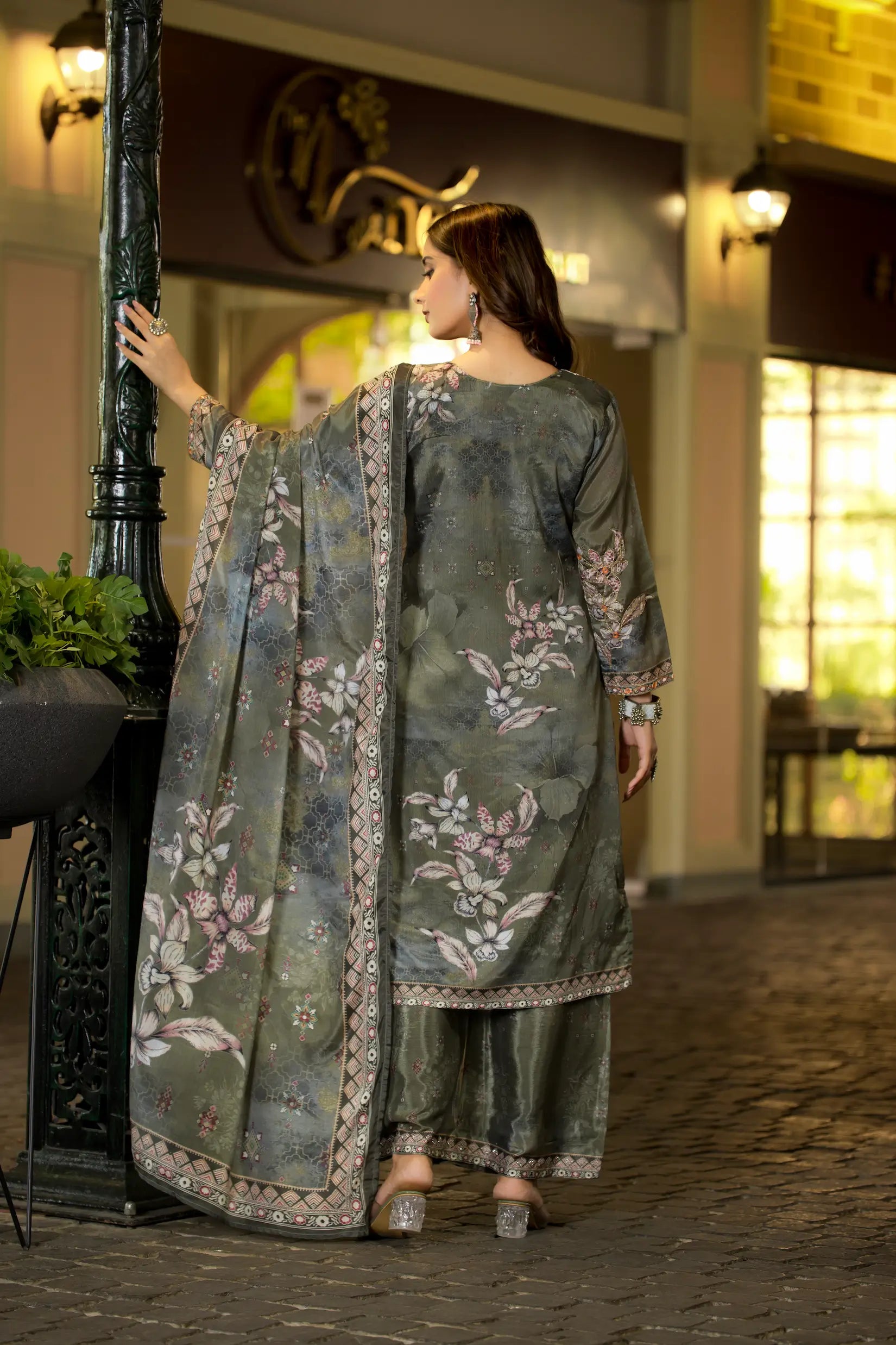 Olive Green Chinon Handwork & Printed Salwar Suit - qivii