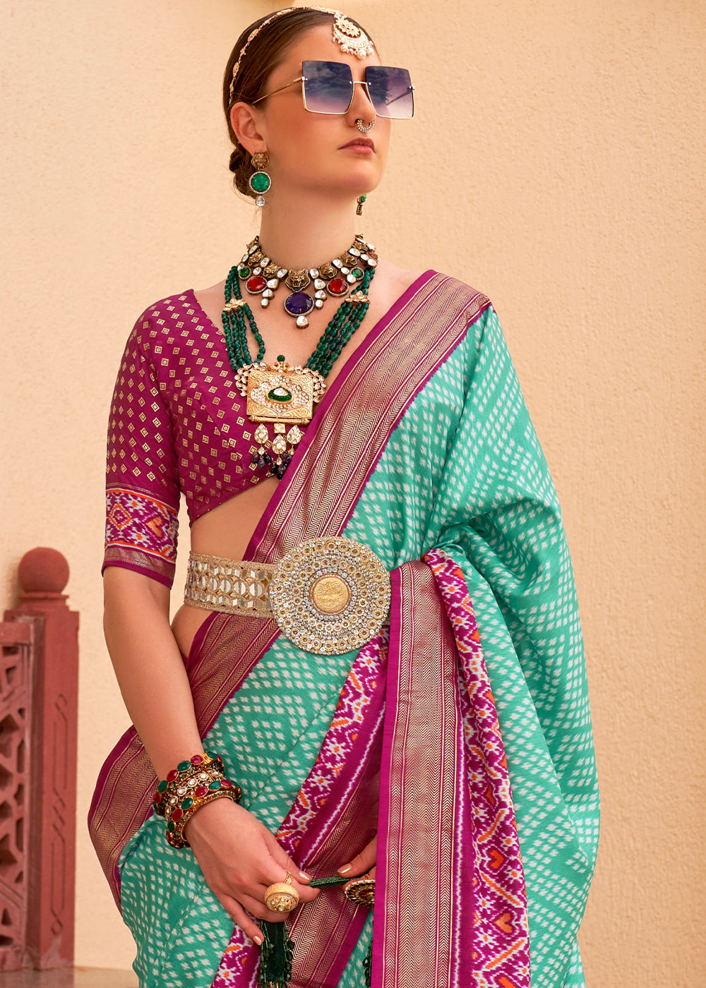 Turquoise Blue Patola Printed Silk Saree - qivii