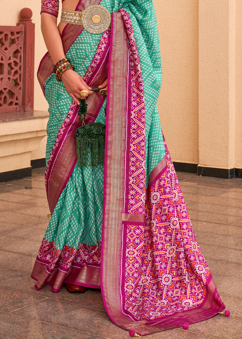 Turquoise Blue Patola Printed Silk Saree - qivii