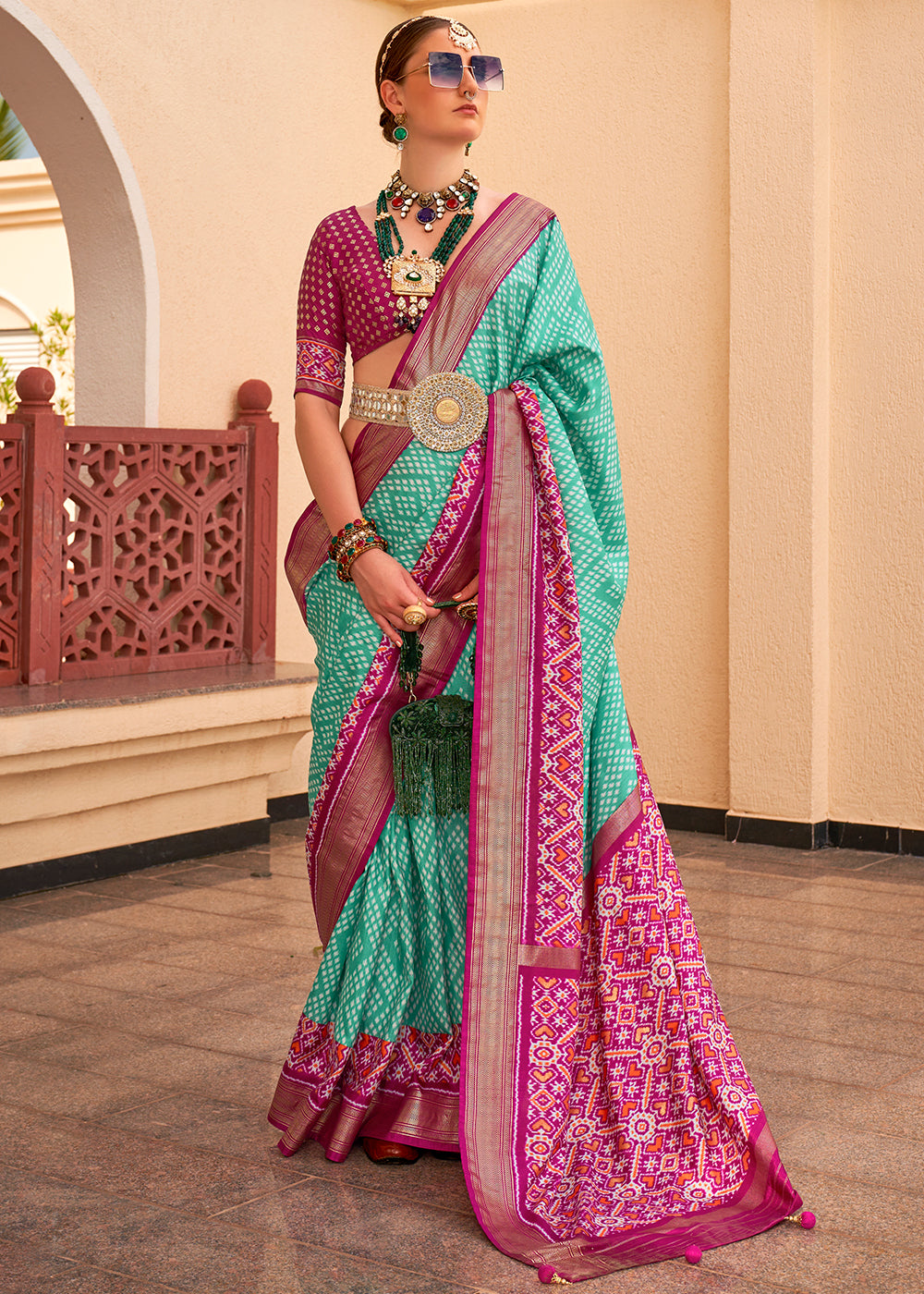 Turquoise Blue Patola Printed Silk Saree - qivii