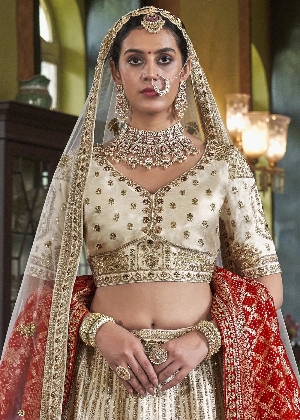 Silk With Embroidery, Sequence, Thread, Pearl & Zari Weaving Work Bridal Semi Stitched Lehenga