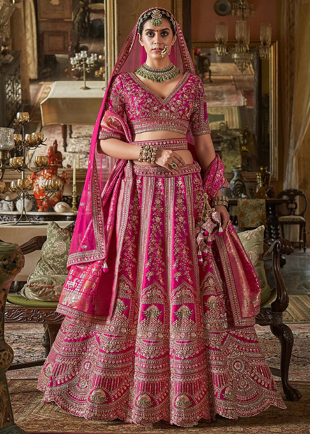 Pink Embroidery, Sequence, Thread, Pearl & Zari Weaving Work Bridal Semi Stitched Lehenga