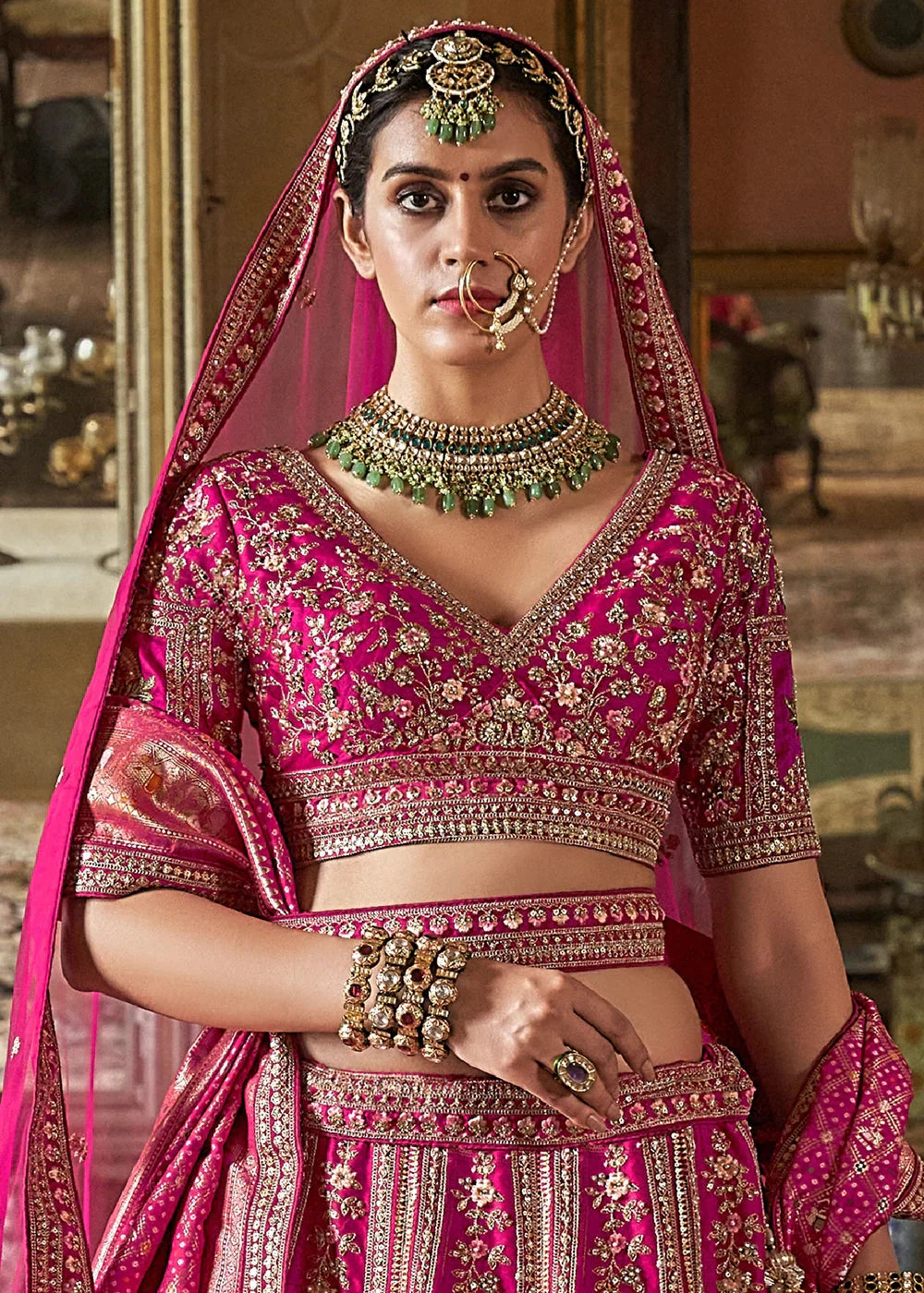 Pink Embroidery, Sequence, Thread, Pearl & Zari Weaving Work Bridal Semi Stitched Lehenga