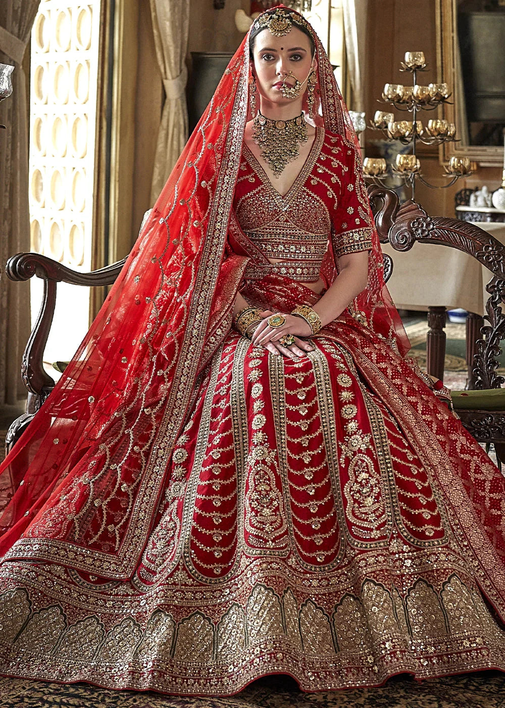 Red - Embroidery, Sequence, Thread, Pearl & Zari Weaving Work Bridal Semi Stitched Lehenga