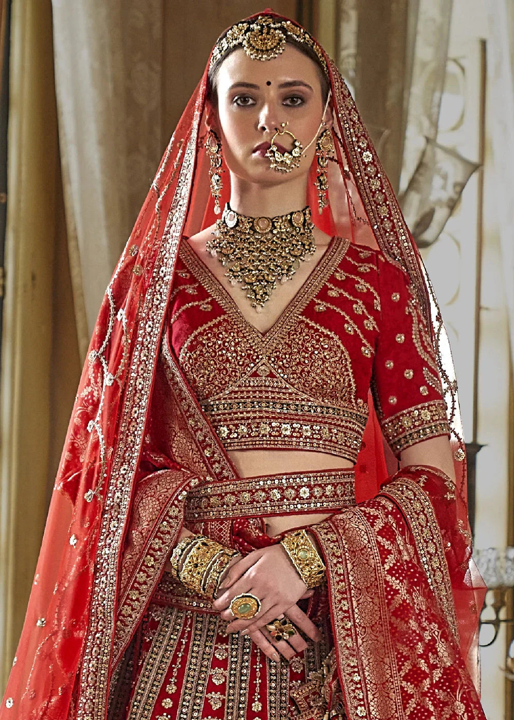 Red - Embroidery, Sequence, Thread, Pearl & Zari Weaving Work Bridal Semi Stitched Lehenga