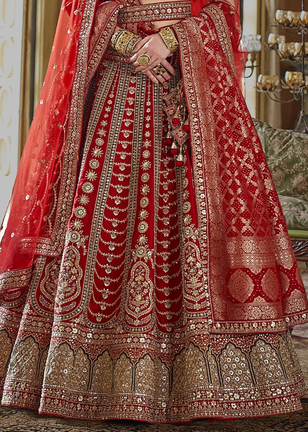 Red - Embroidery, Sequence, Thread, Pearl & Zari Weaving Work Bridal Semi Stitched Lehenga