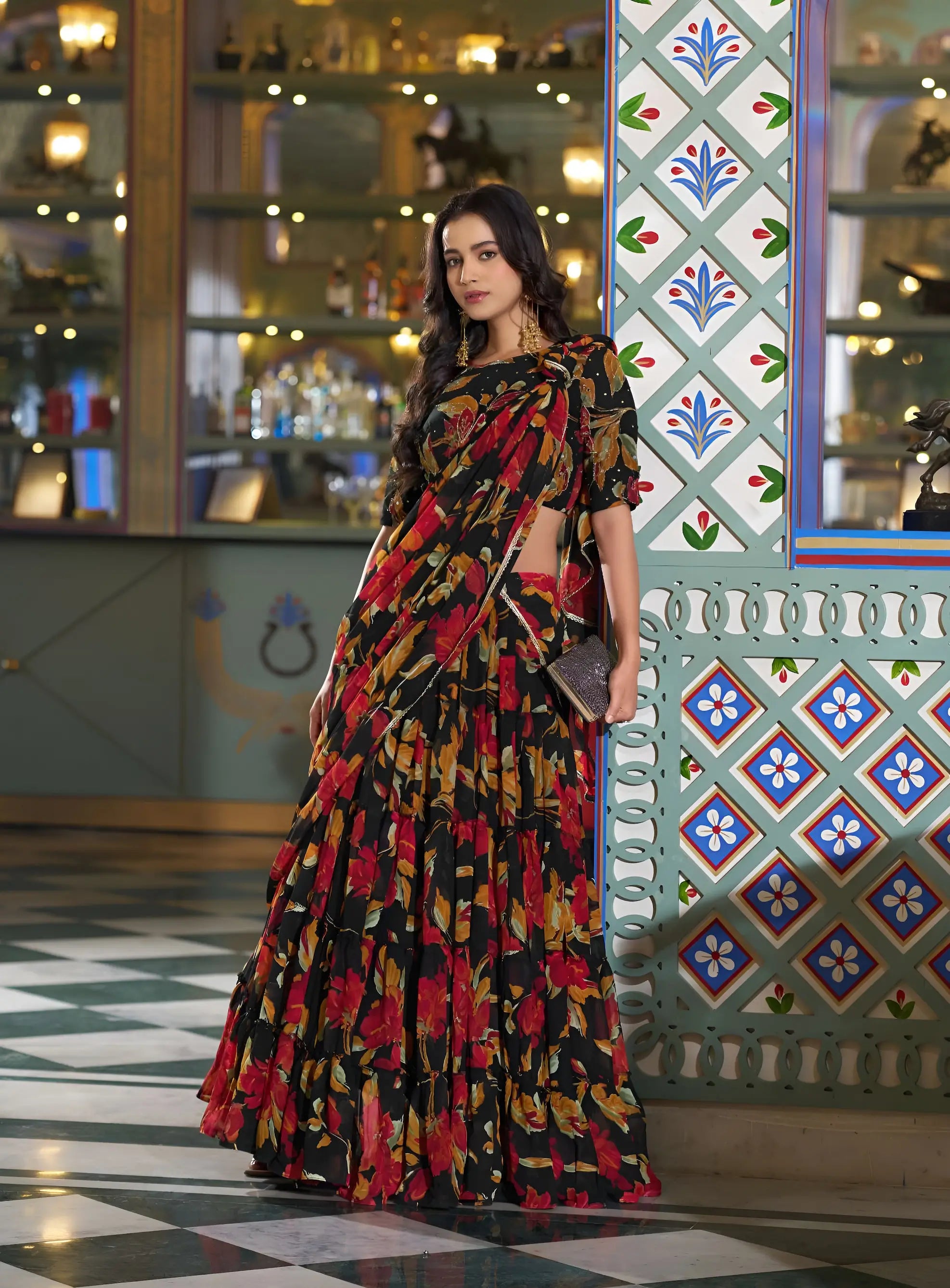 Smoky Black Floral Printed Lehenga Choli